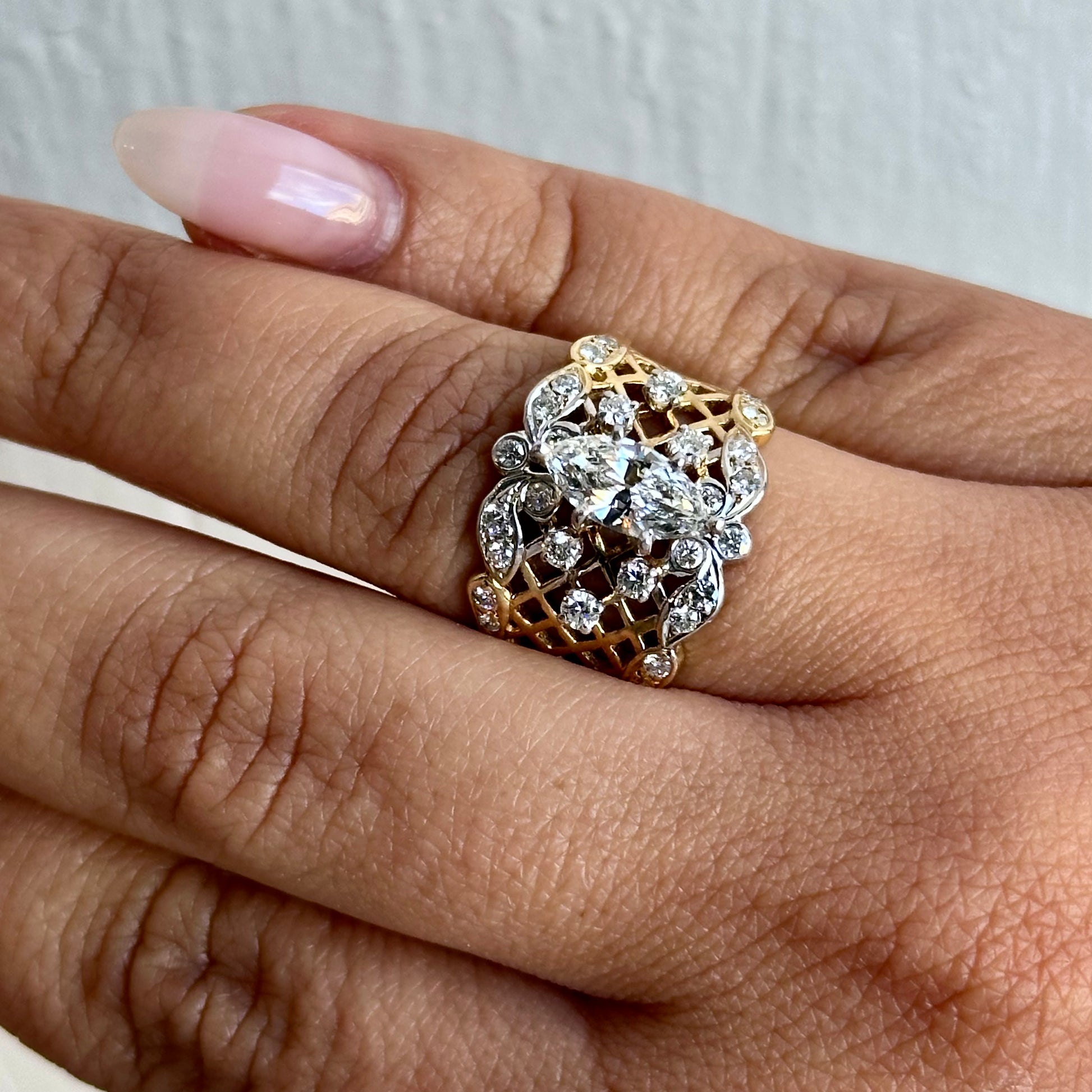 Vintage-Inspired Marquise Diamond Openwork Statement Ring in Two-Tone Gold