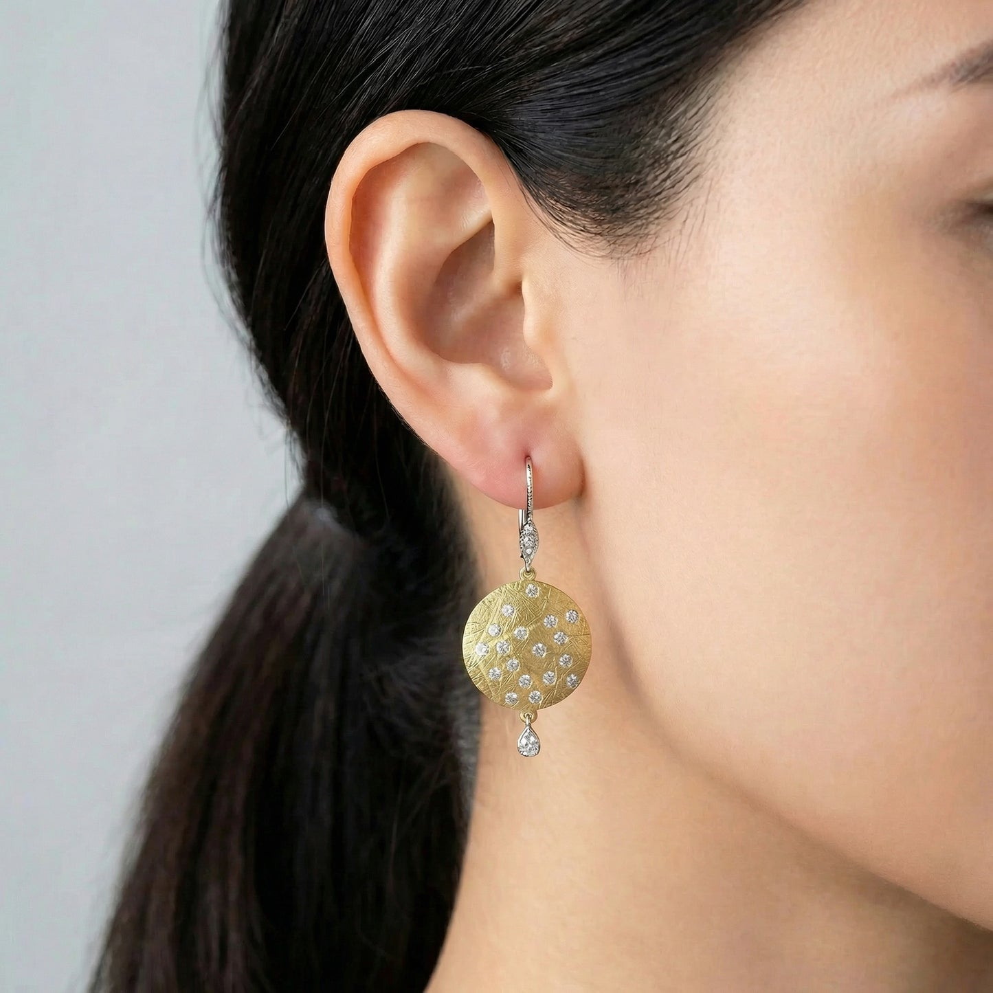 Two-Tone Gold Diamond Disc Drop Earrings | 14kt Yellow & White Gold