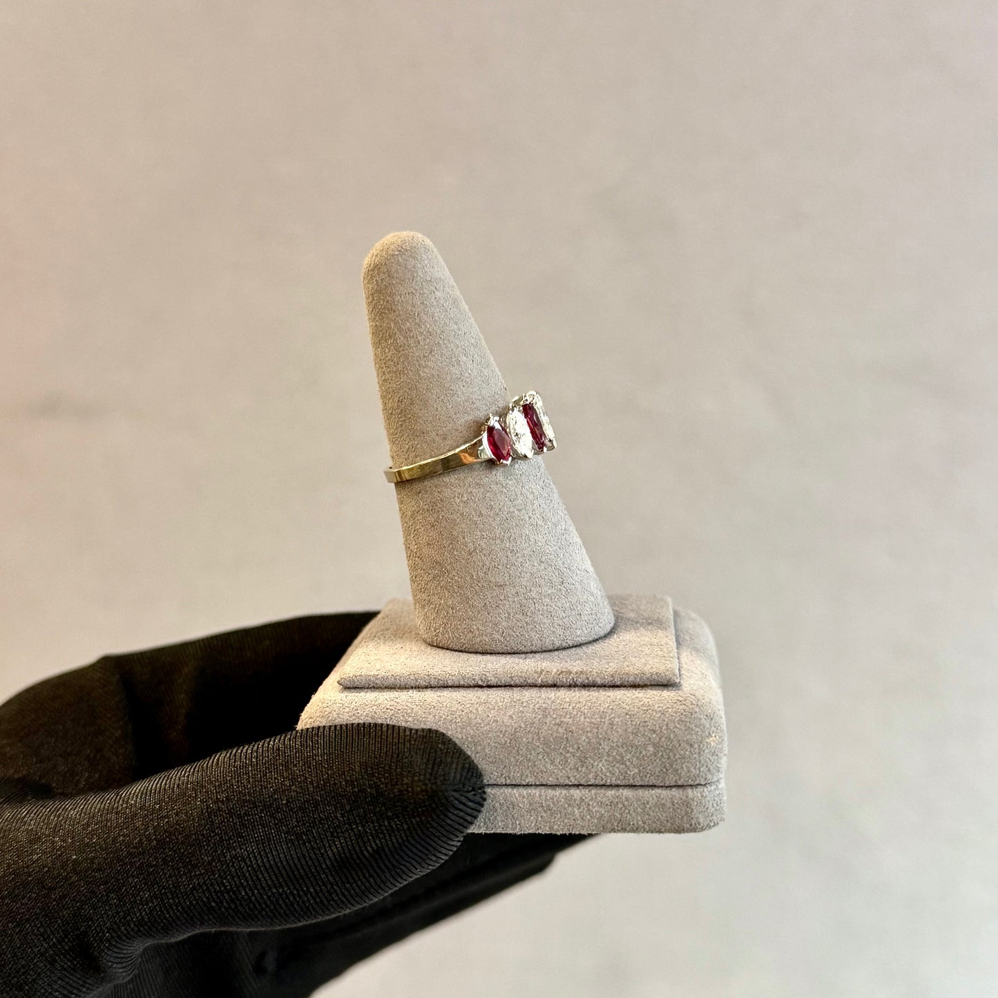 Vintage 14K White Gold Ruby and Diamond Marquise Half-Eternity Band – North-South Setting, .74ct Diamonds & .60ct Rubies