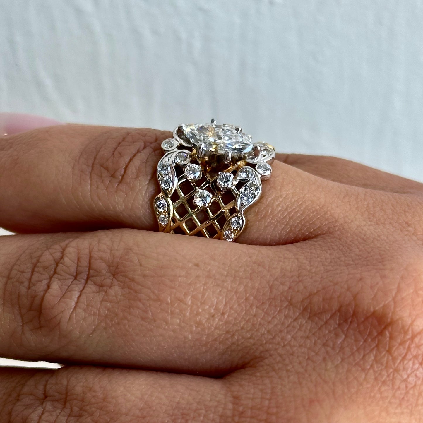 Vintage-Inspired Marquise Diamond Openwork Statement Ring in Two-Tone Gold