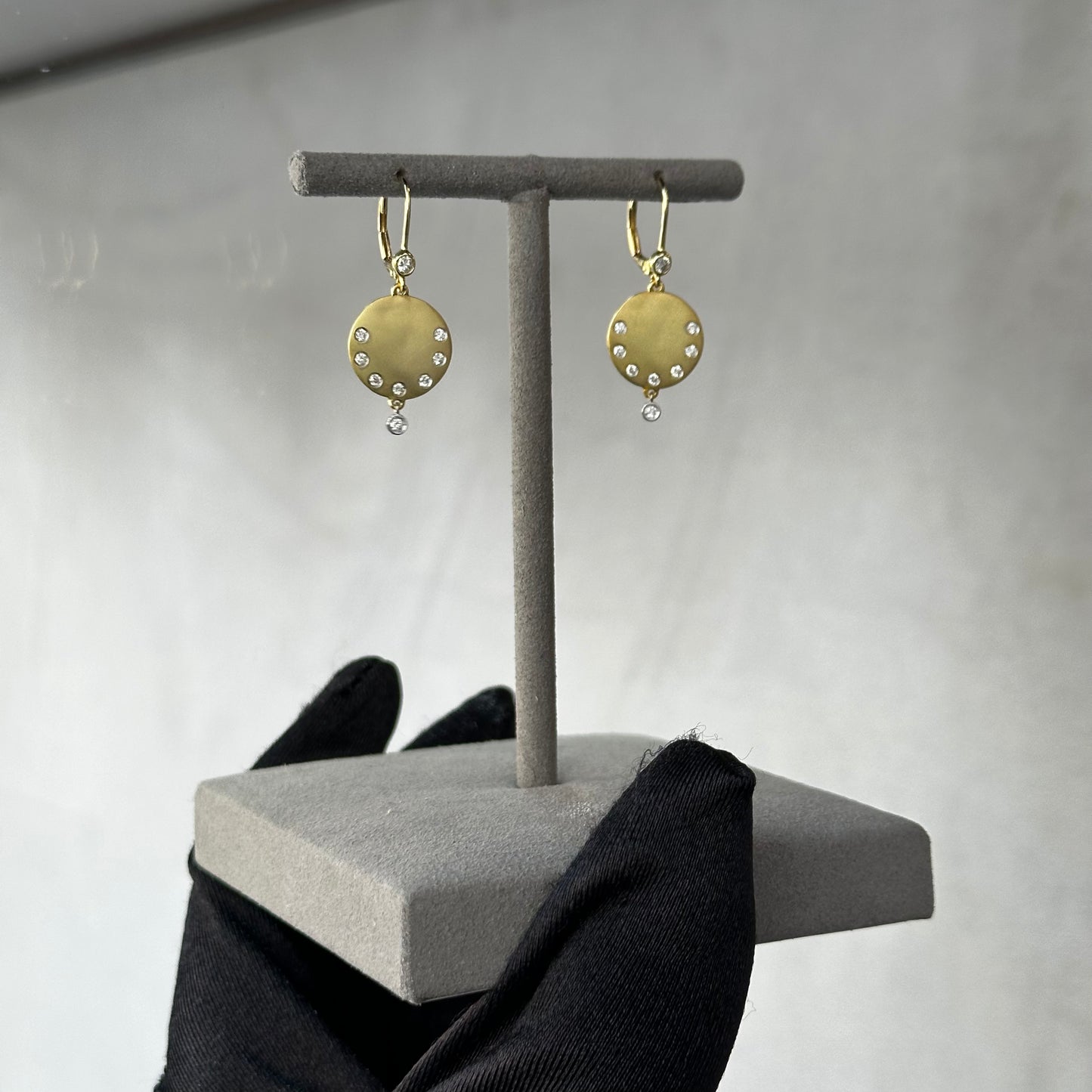 Two Tone Brushed Gold Disk Scattered Diamonds Drop Dangle Earrings