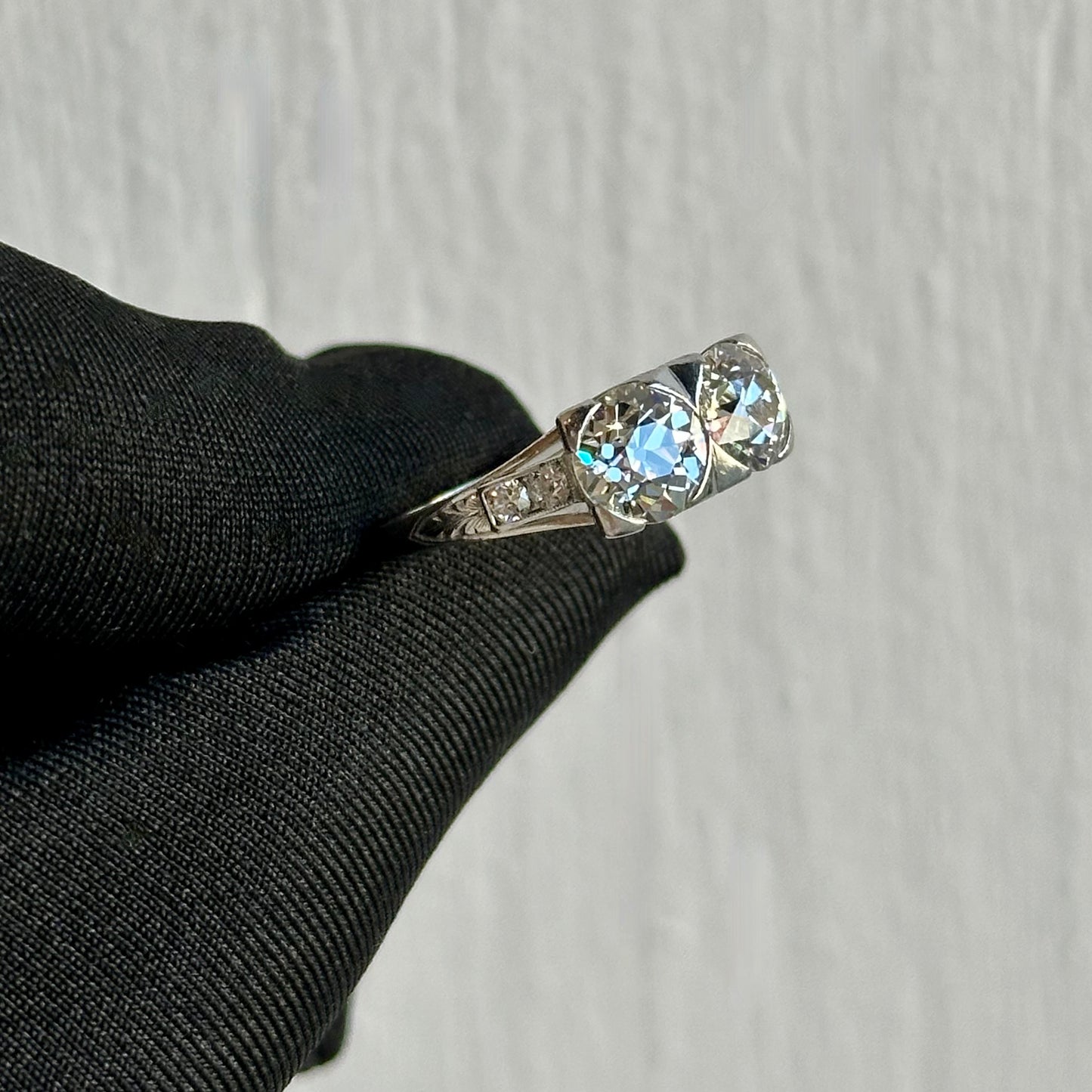 Art Deco Platinum Ring with 1.13ct & 1.29ct Old Mine Diamonds