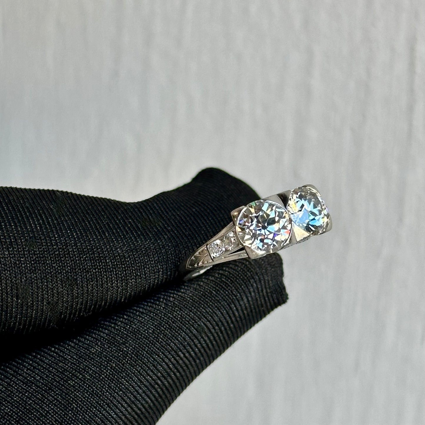 Art Deco Platinum Ring with 1.13ct & 1.29ct Old Mine Diamonds