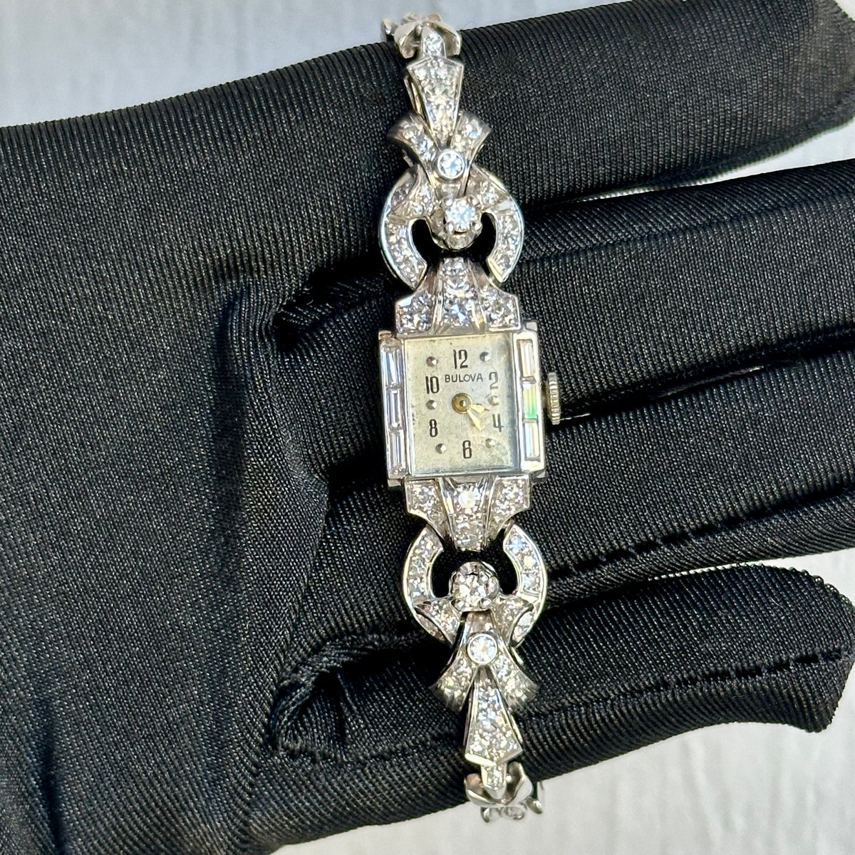 Art Deco 14kt White Gold Ladies Bulova Wristwatch with 1.37  display picture 2