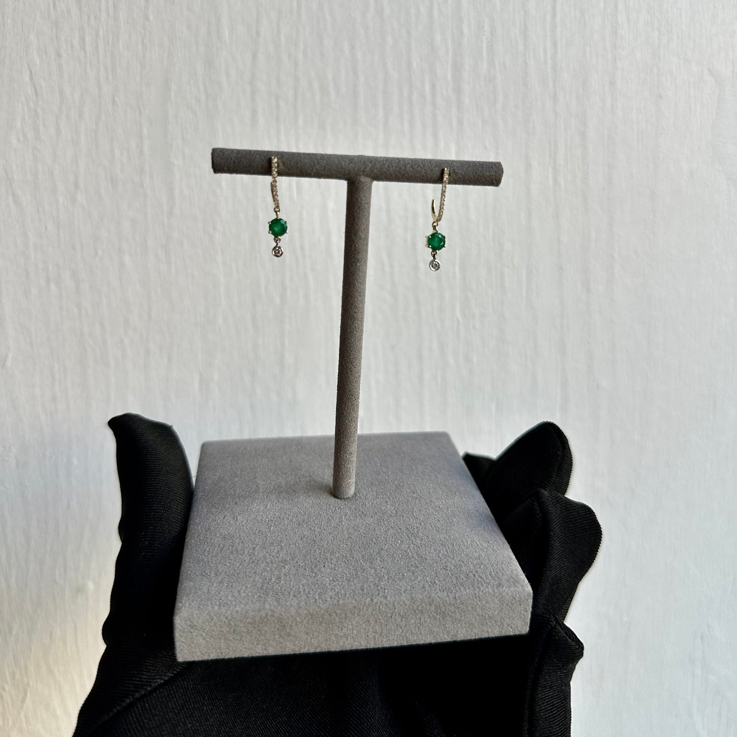 Round Cut Emerald Drop Earrings with Diamonds