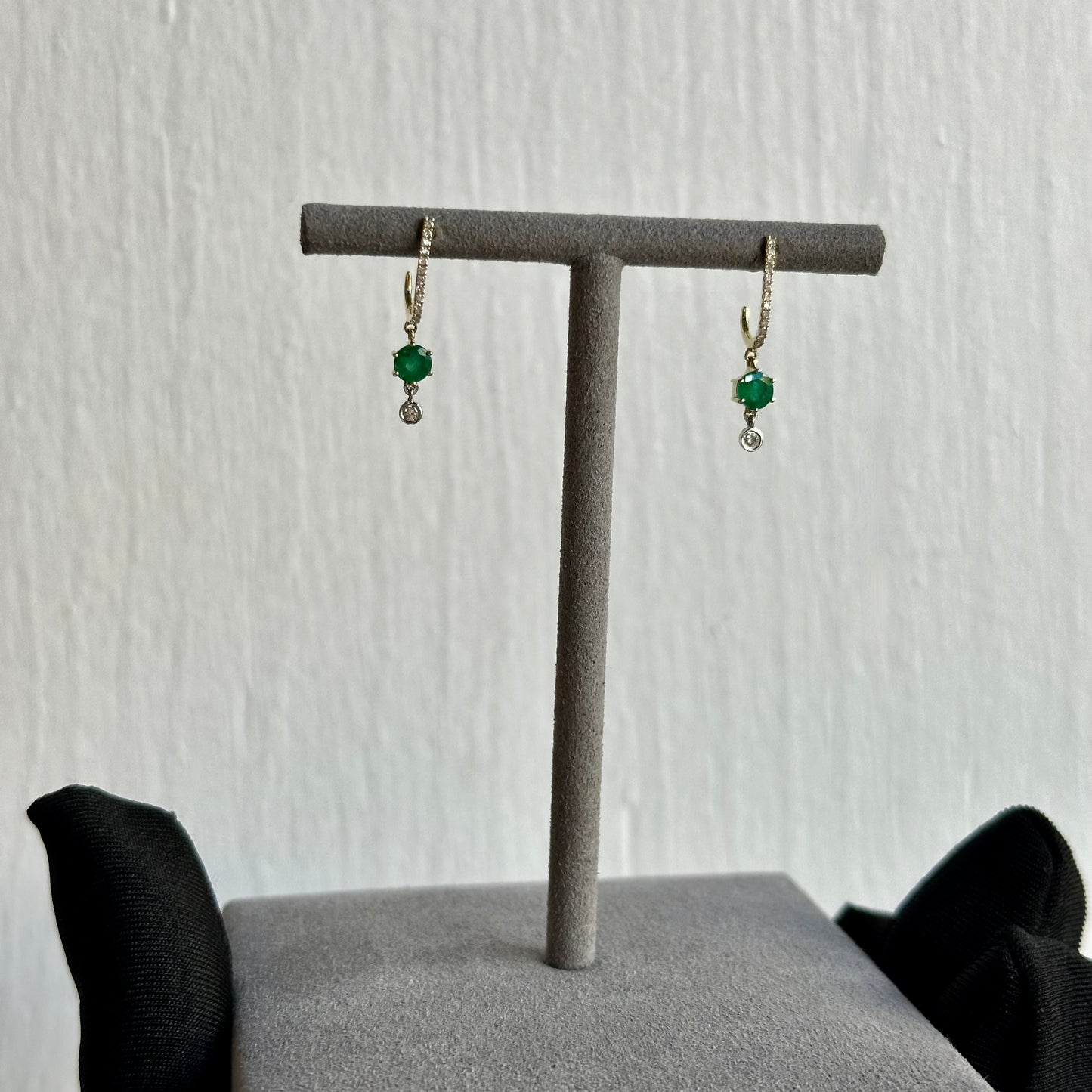 Round Cut Emerald Drop Earrings with Diamonds