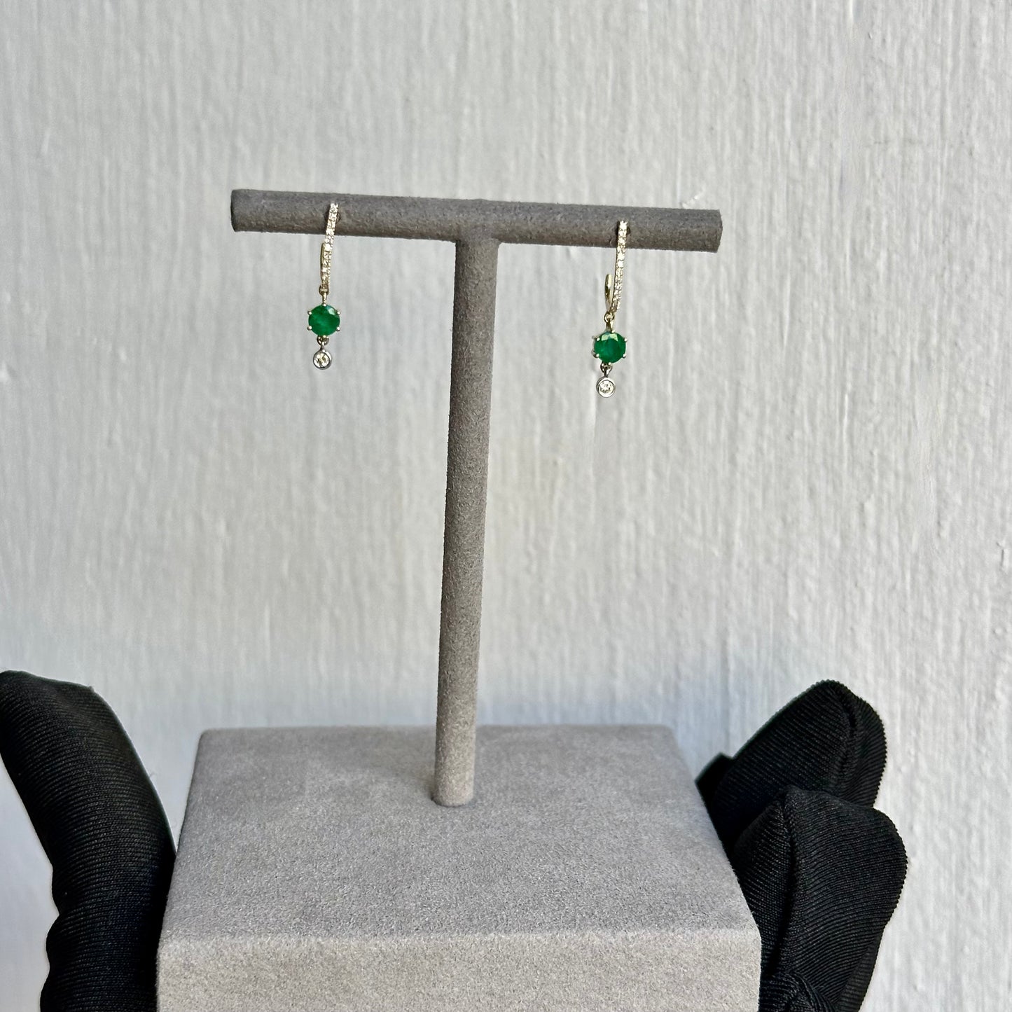 Round Cut Emerald Drop Earrings with Diamonds