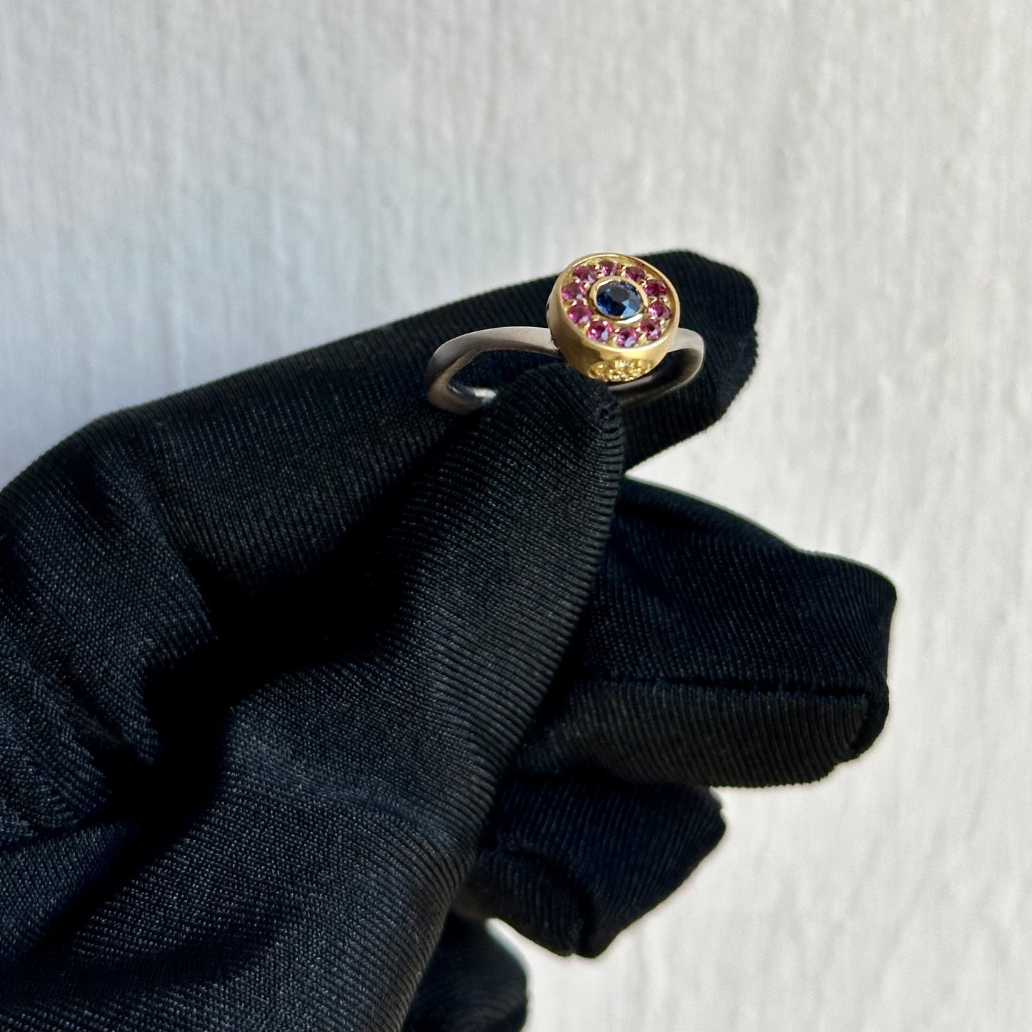 Artisan 18K White Gold & Yellow Gold Ring Featuring 3.5mm Sapphire and .35ctw Rubies