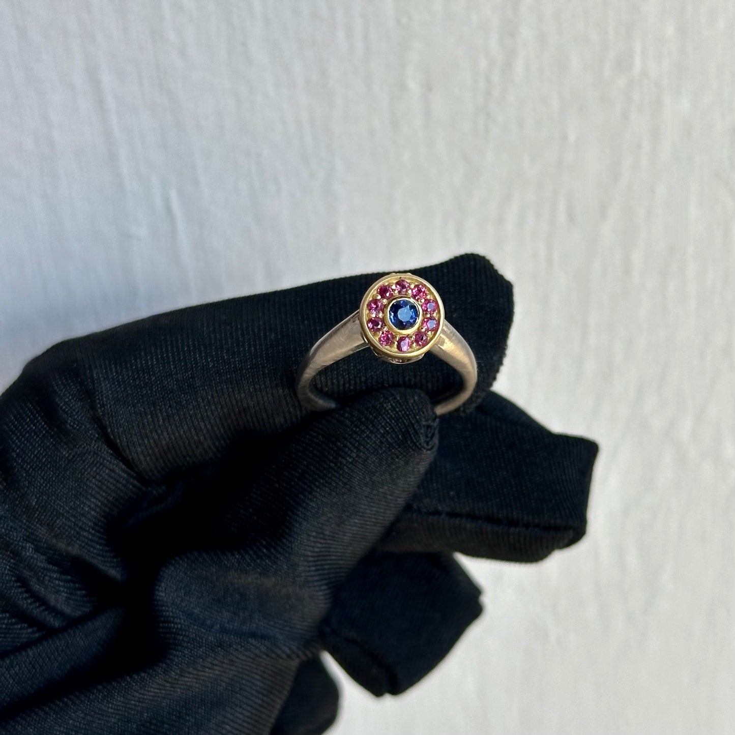 Artisan 18K White Gold & Yellow Gold Ring Featuring 3.5mm Sapphire and .35ctw Rubies