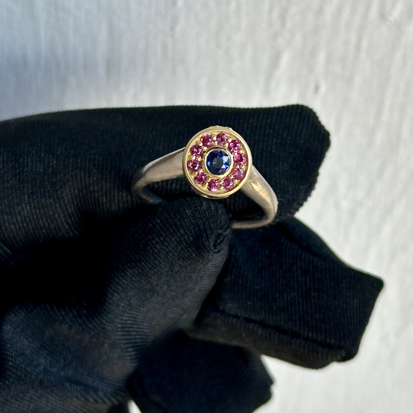 Artisan 18K White Gold & Yellow Gold Ring Featuring 3.5mm Sapphire and .35ctw Rubies