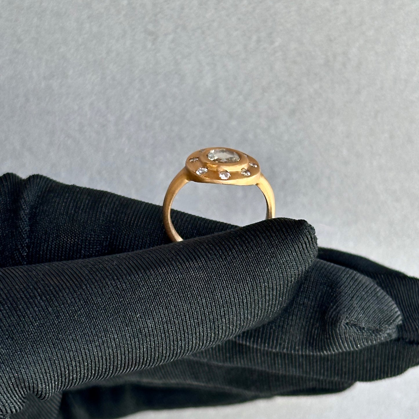 14K Yellow Gold Rose-Cut Diamond Engagement Ring – Flush Fit, Burnish Set Accent Diamonds, Satin Finish (Size 5.75, One-of-a-Kind)