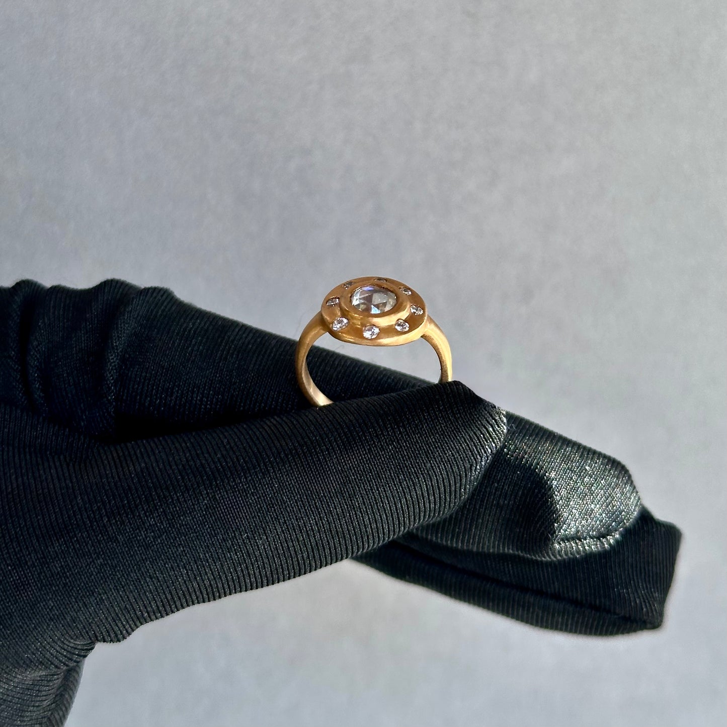 14K Yellow Gold Rose-Cut Diamond Engagement Ring – Flush Fit, Burnish Set Accent Diamonds, Satin Finish (Size 5.75, One-of-a-Kind)