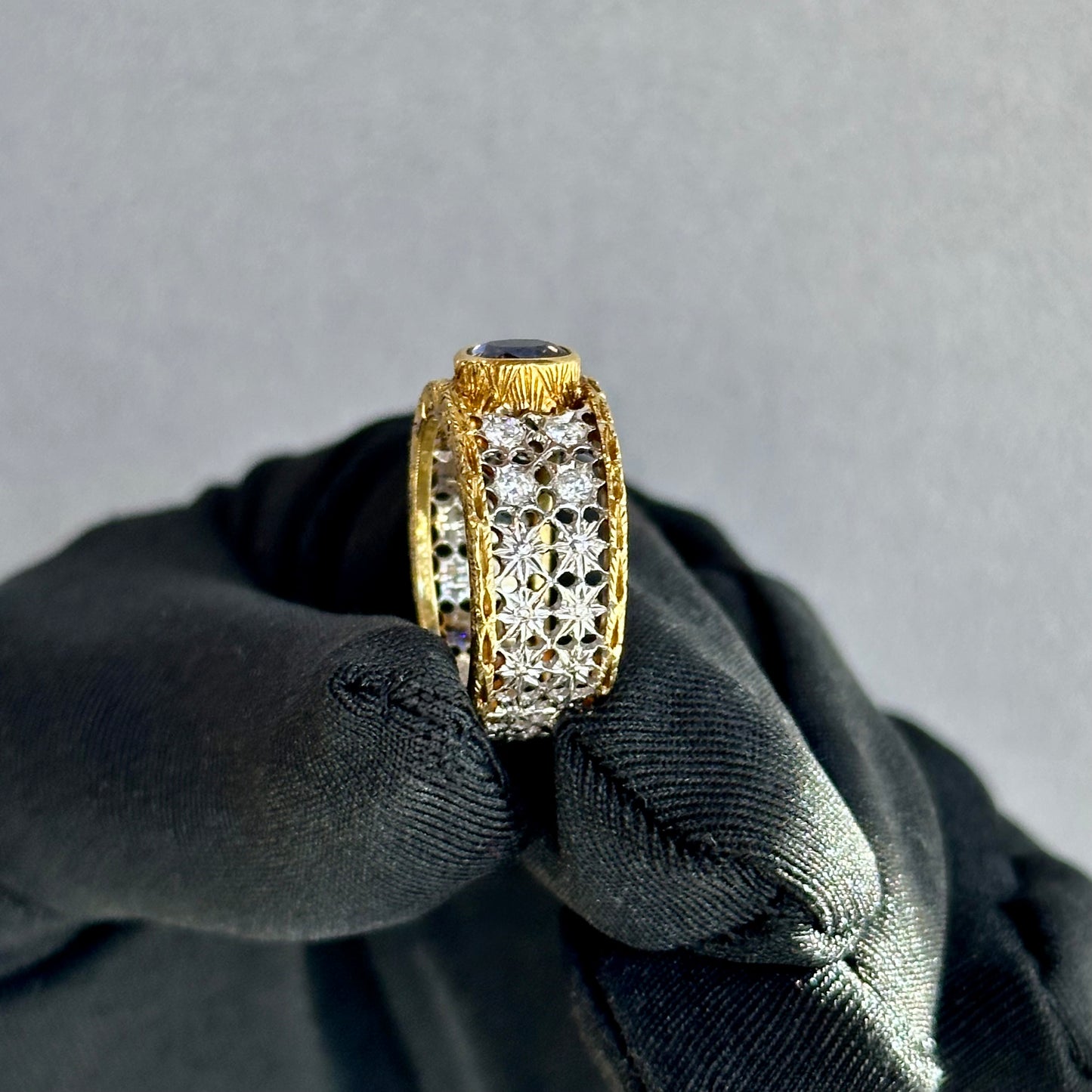 18K Yellow & White Gold Buccellati-Style Floral Sapphire and Diamond Filigree Band (Size 7, 9.5mm Wide)