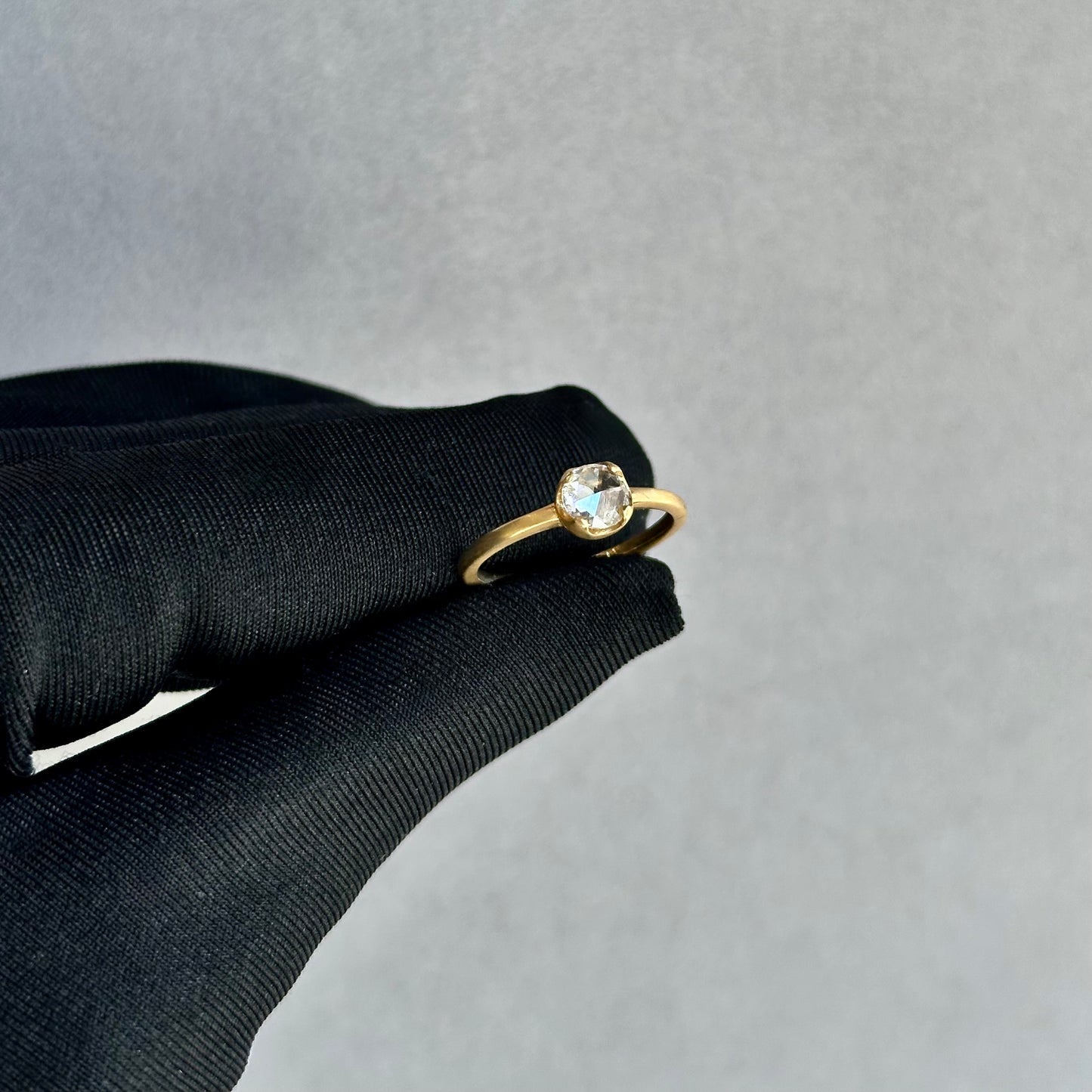 14K Matte White Gold Rose-Cut Diamond Solitaire Ring – 6mm Wide, Wave Basket Design (Size 5.5)