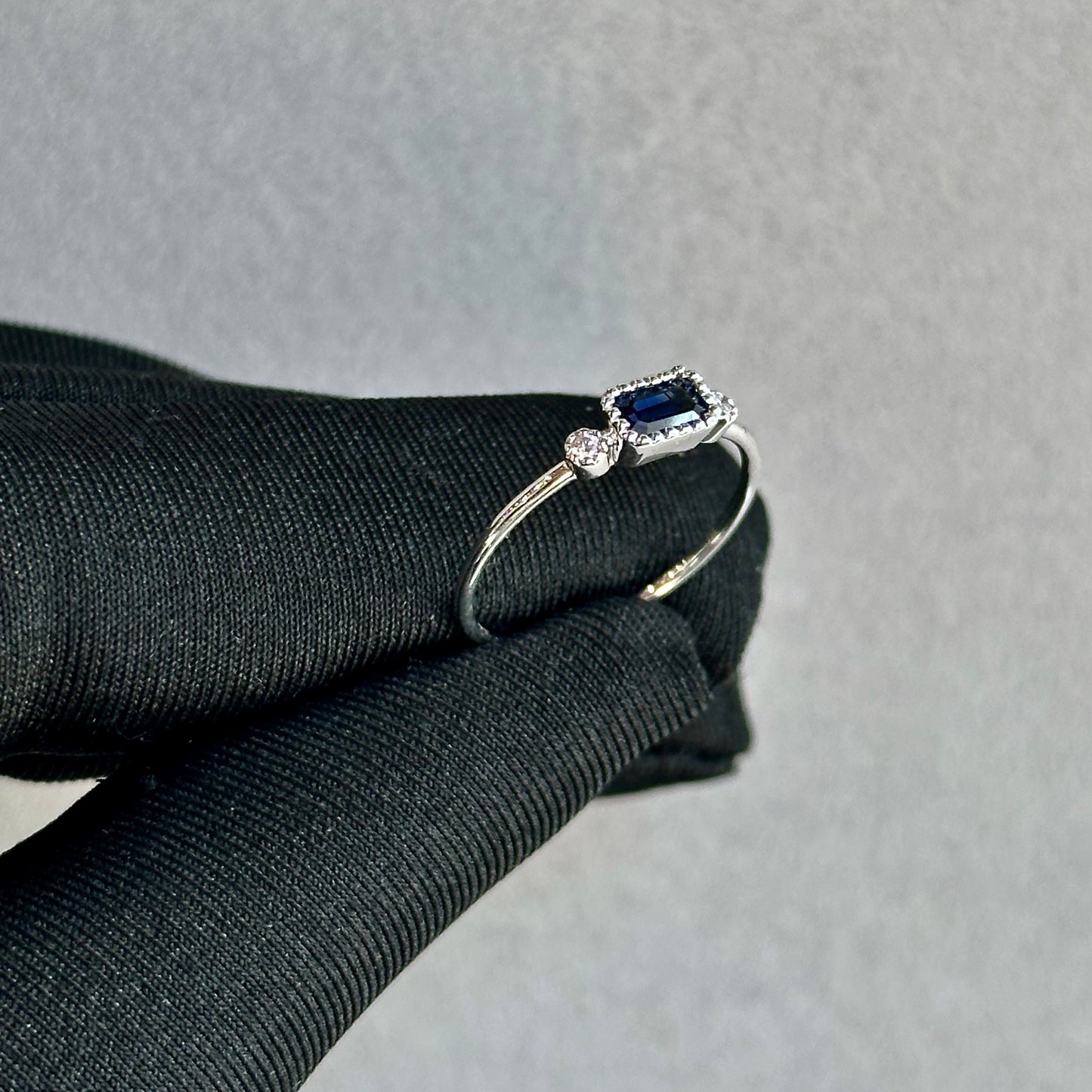 14K White Gold Sapphire and Diamond Ring – Baguette Cut with Milgrain Bezel Setting (Size 6.5)