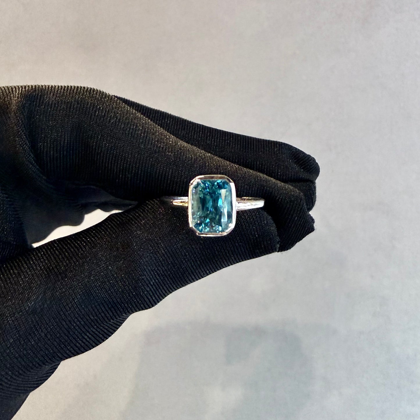 One-of-a-Kind 14K White Gold Emerald-Cut Blue Topaz Ring – Bezel Set, Handmade (Size 6.75)