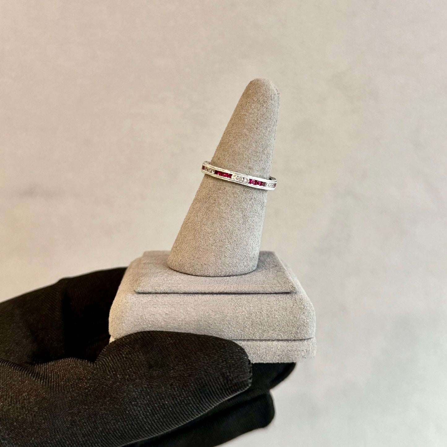 Platinum Ruby and Diamond Double Milgrain Eternity Band – Wheat Etched Design (Size 7.5)