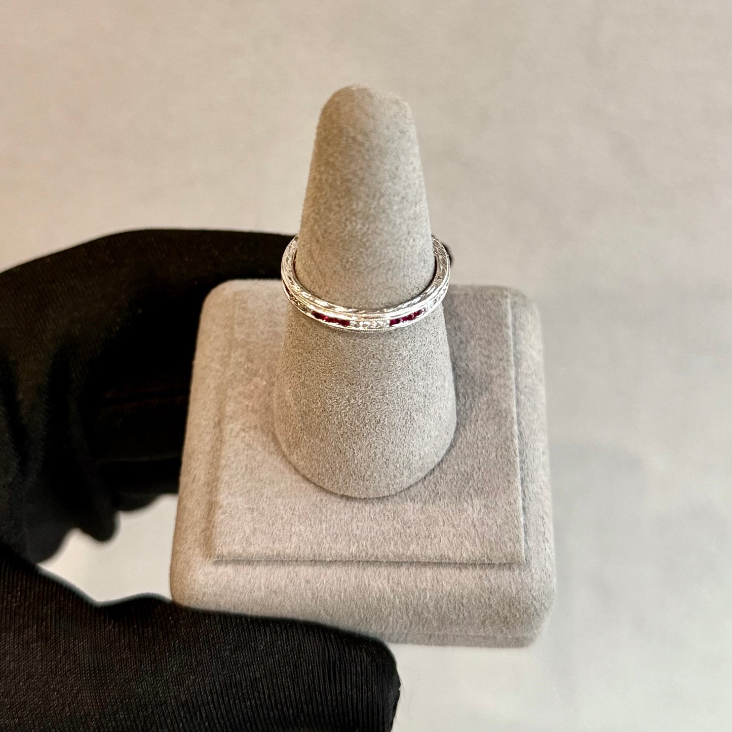 Platinum Ruby and Diamond Double Milgrain Eternity Band – Wheat Etched Design (Size 7.5)