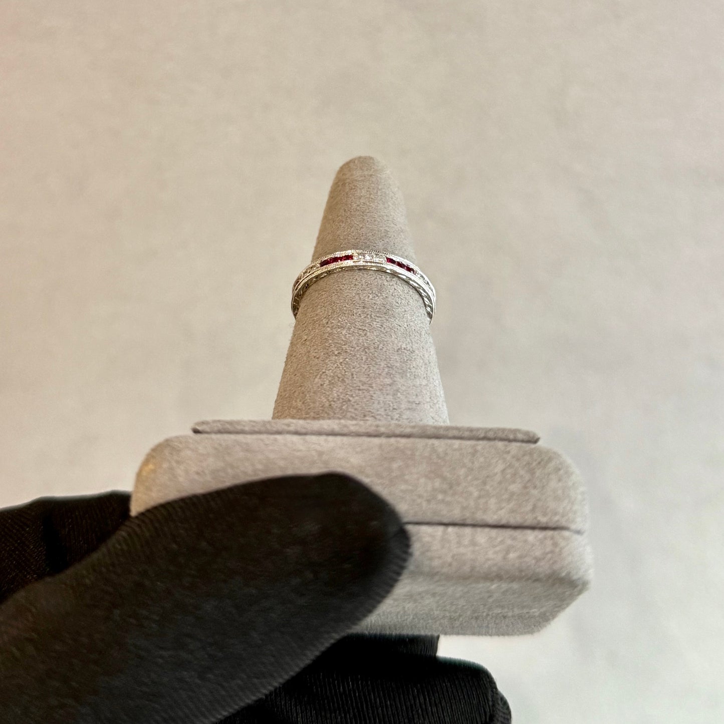 Platinum Ruby and Diamond Double Milgrain Eternity Band – Wheat Etched Design (Size 7.5)