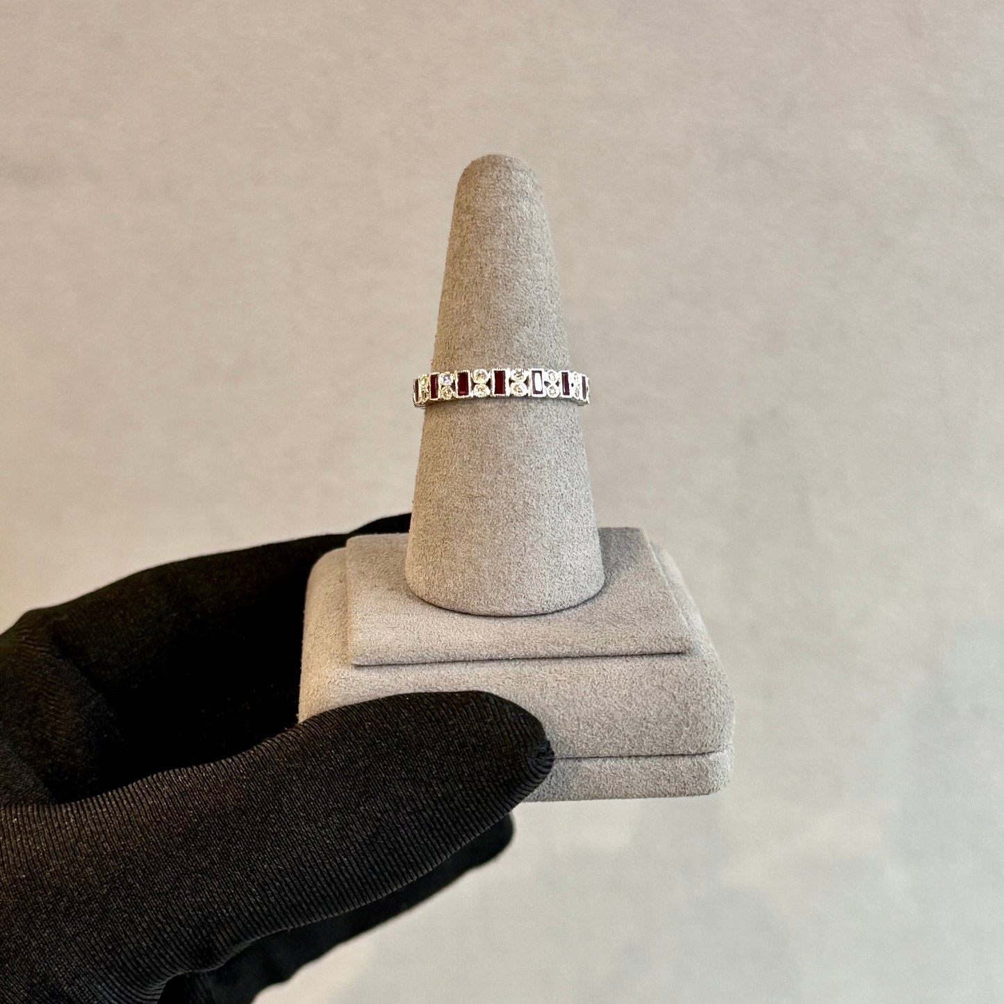 Art Deco 18K White Gold Ruby and Diamond Baguette Eternity Band – Milgrain Bezel Set