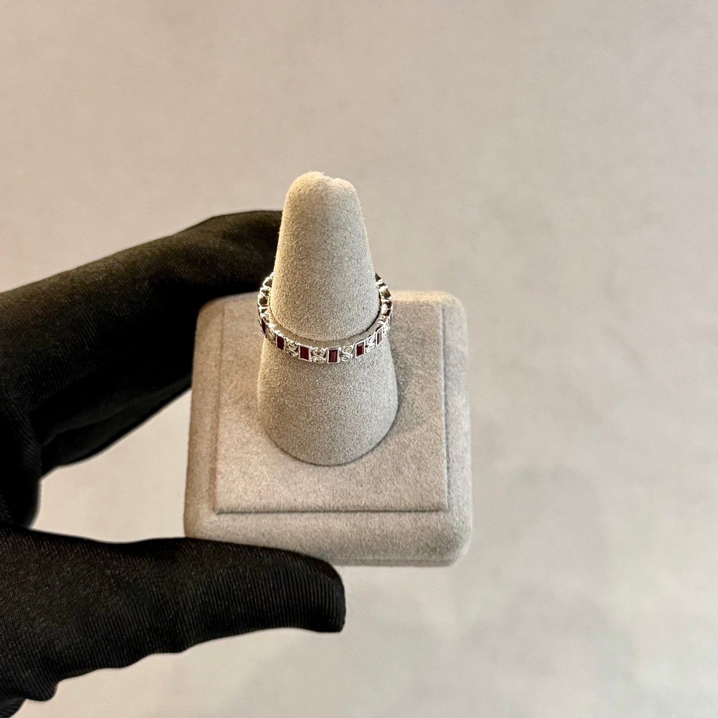 Art Deco 18K White Gold Ruby and Diamond Baguette Eternity Band – Milgrain Bezel Set
