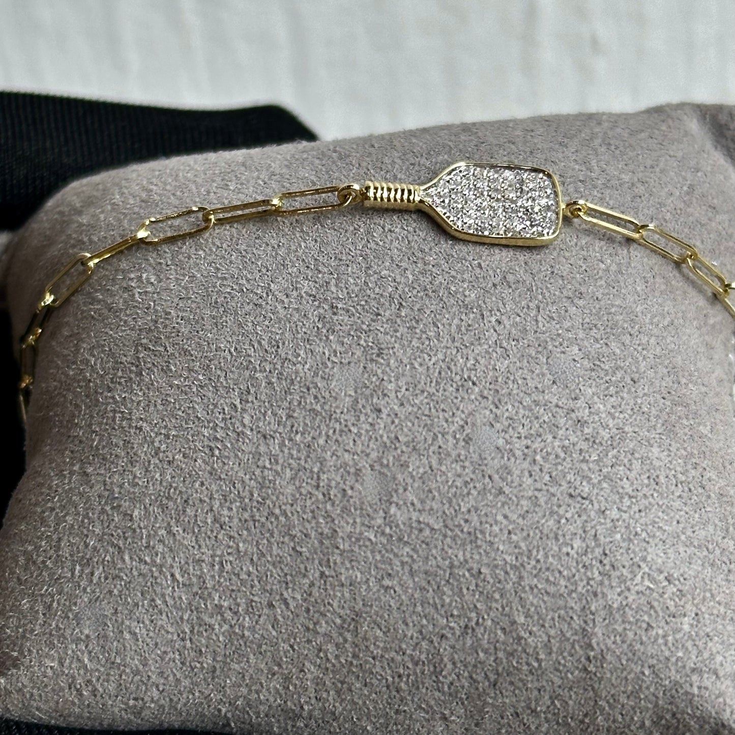 14KT Yellow Gold Pickleball Racket Bracelet with 0.19CT Diamonds – Micro Pave Set in 14KT White Gold, Delicate Paper Clip Design