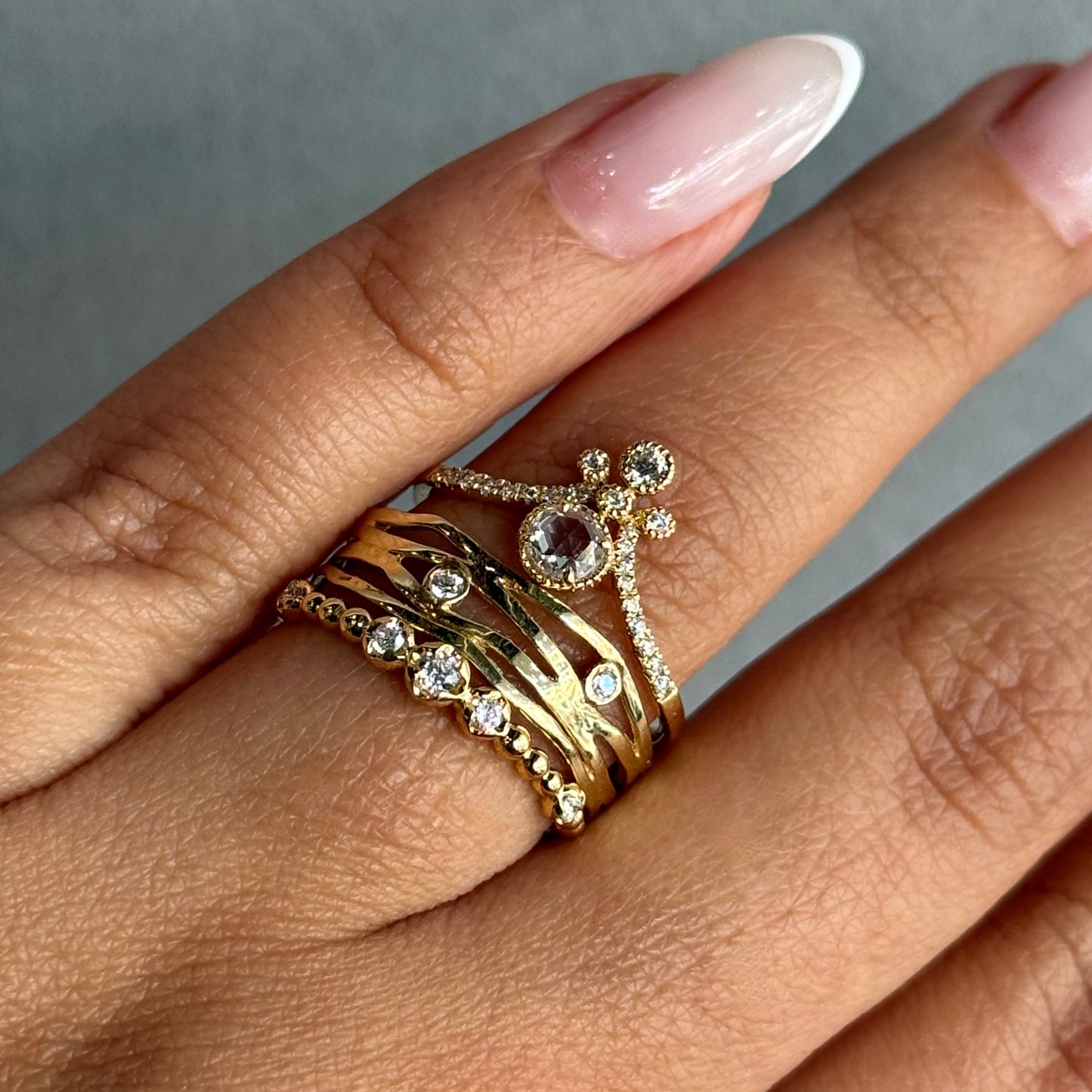 18kt Yellow Gold Rose Cut Diamond Ring with Milgrain Detailing and Brilliant Accents