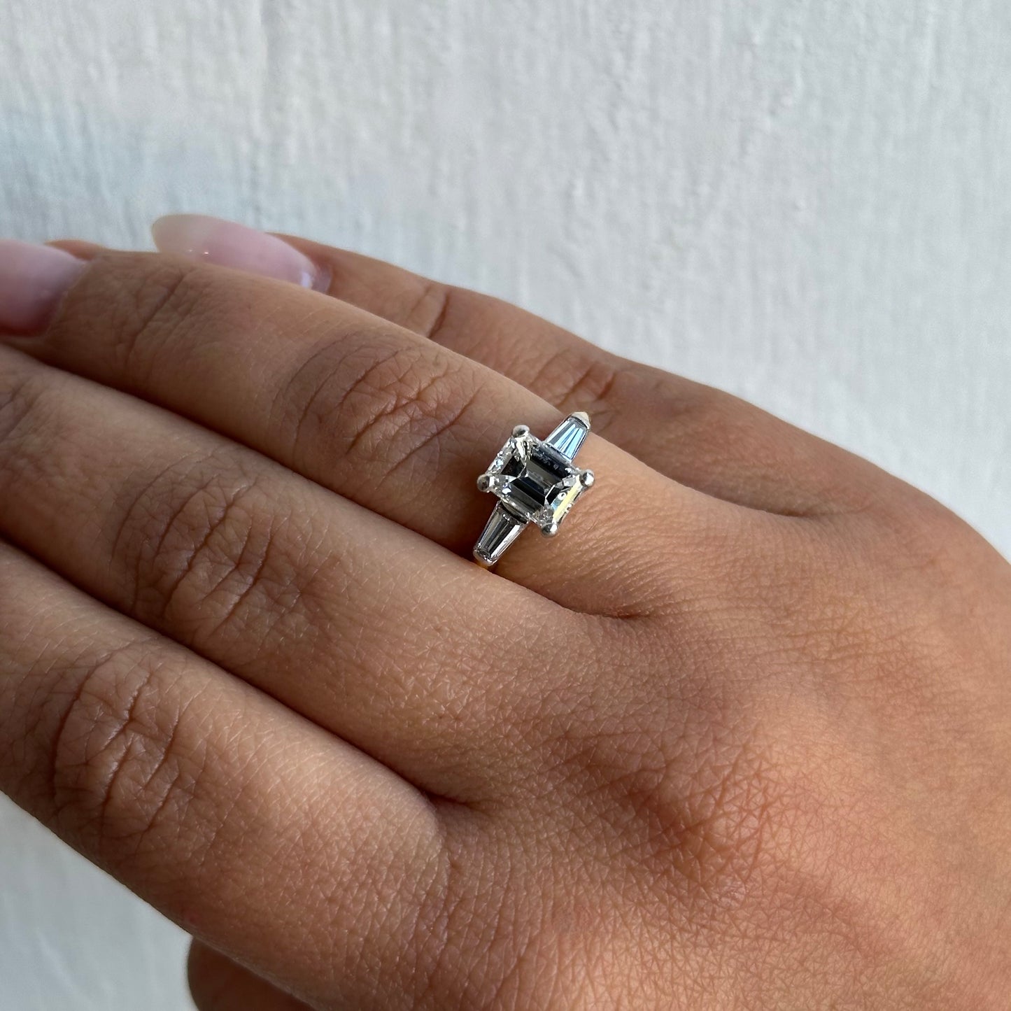 Classic Emerald Cut Diamond Engagement Ring with Tapered Baguettes in Platinum and 18k Yellow Gold 1.40ct H Color VS2 Clarity Center Diamond with .20ct Each Tapered Baguettes