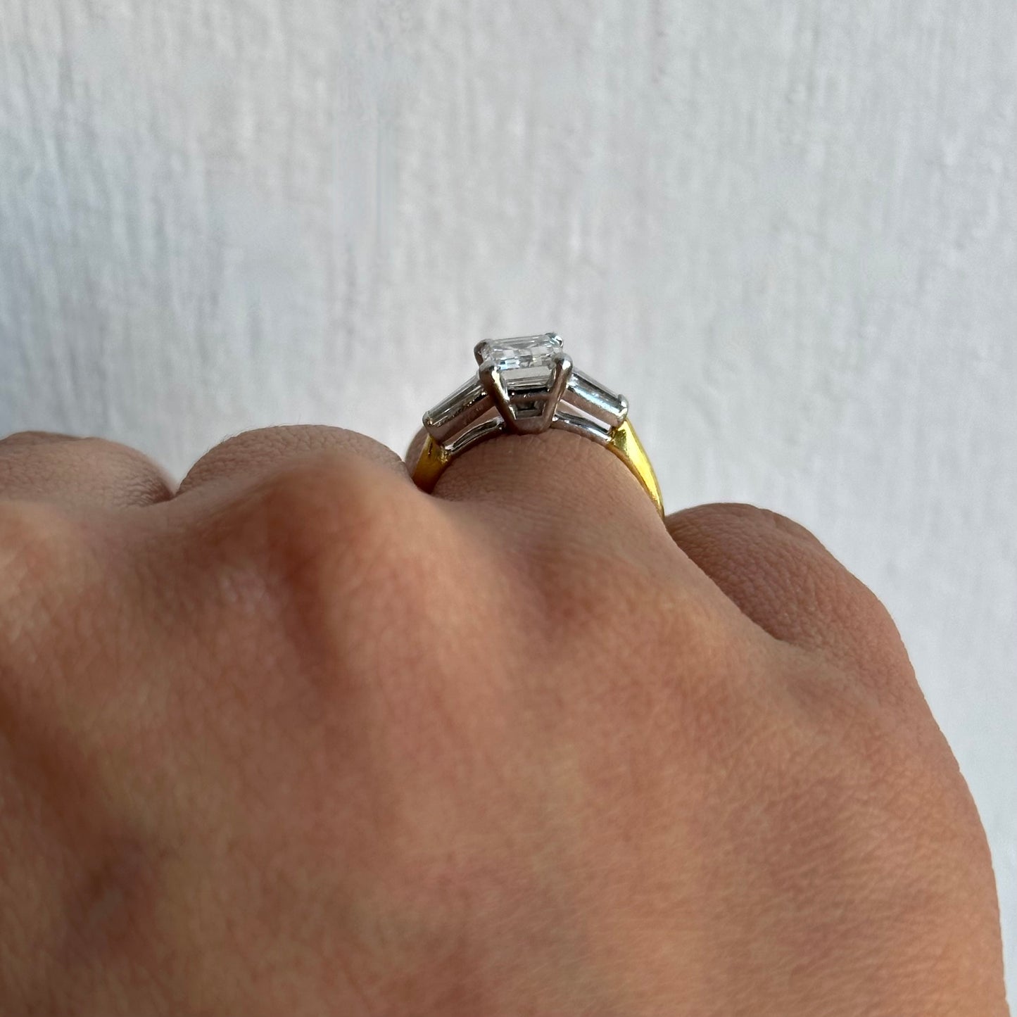 Classic Emerald Cut Diamond Engagement Ring with Tapered Baguettes in Platinum and 18k Yellow Gold 1.40ct H Color VS2 Clarity Center Diamond with .20ct Each Tapered Baguettes