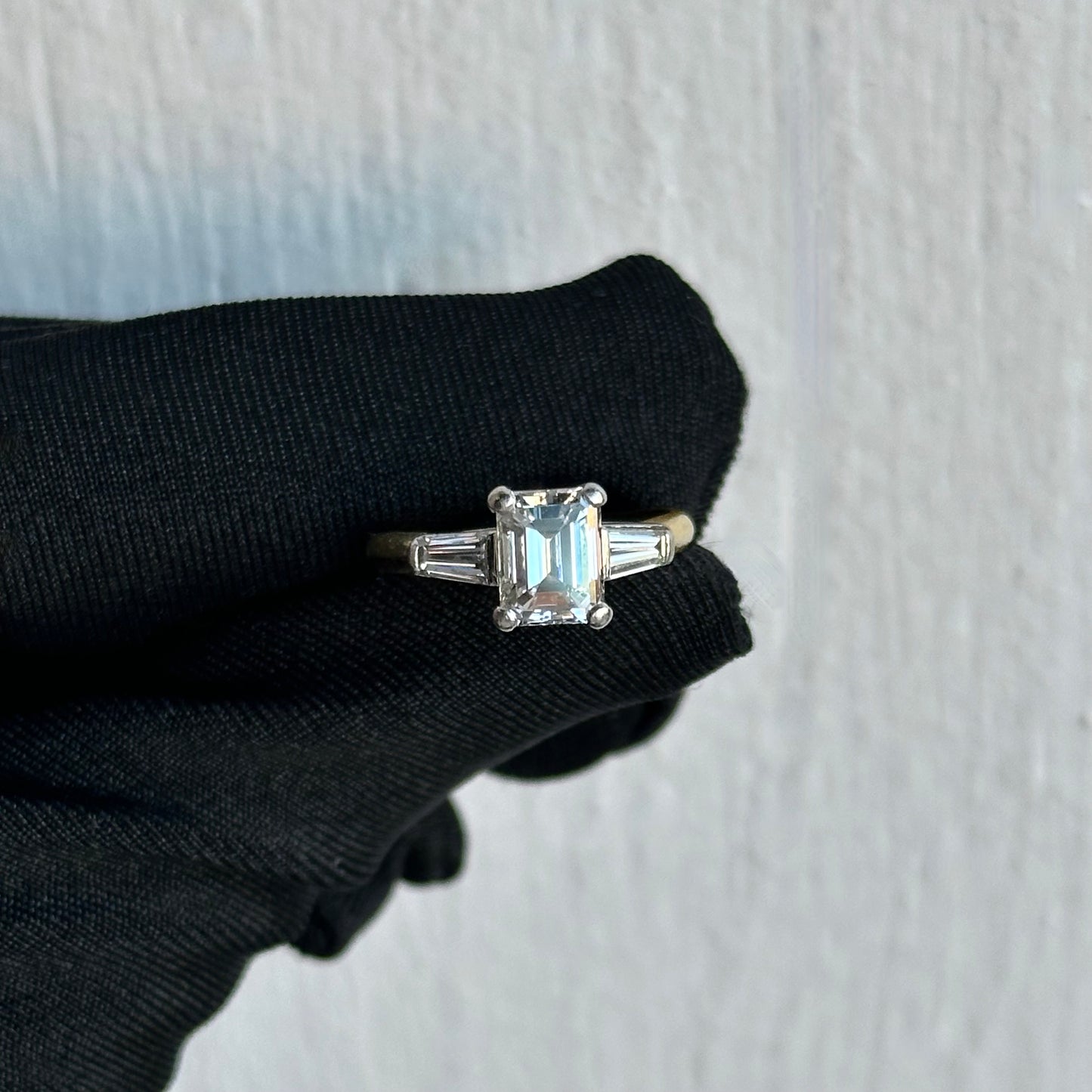 Classic Emerald Cut Diamond Engagement Ring with Tapered Baguettes in Platinum and 18k Yellow Gold 1.40ct H Color VS2 Clarity Center Diamond with .20ct Each Tapered Baguettes