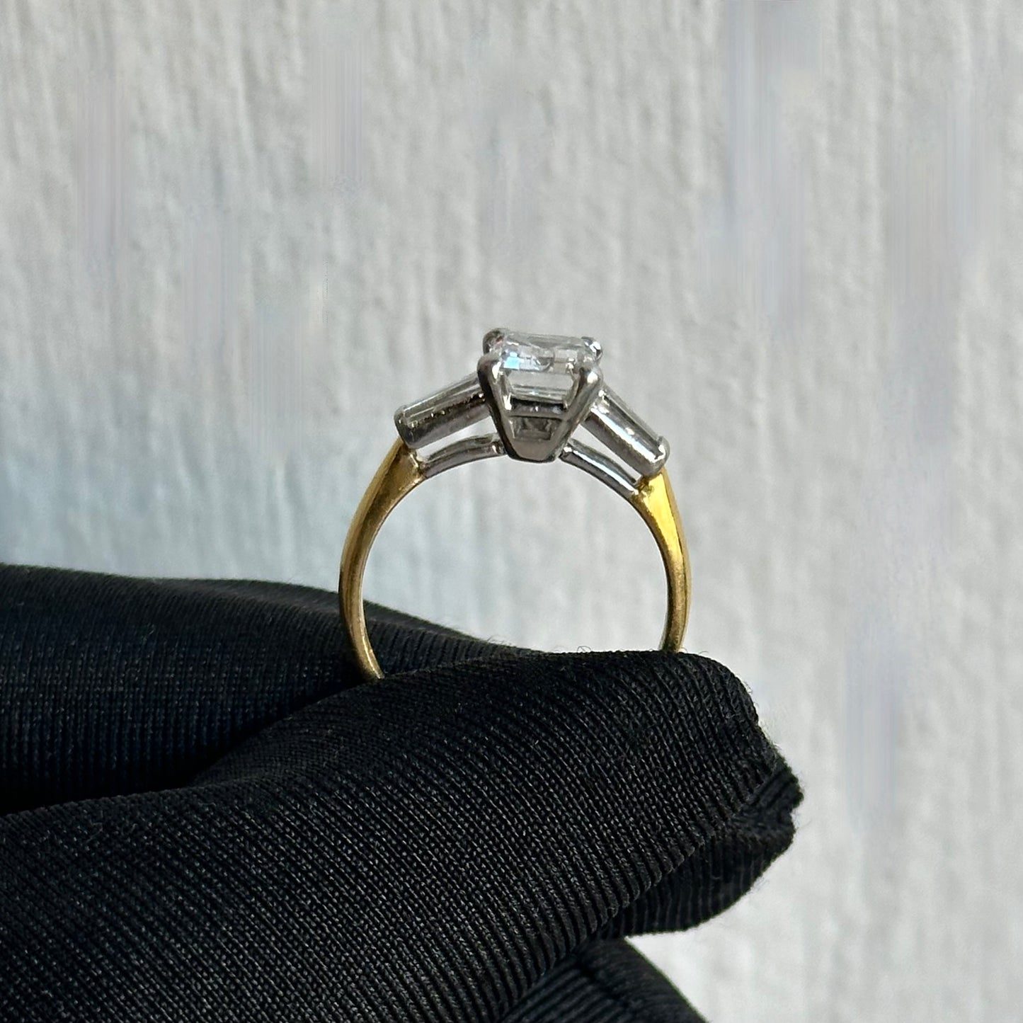 Classic Emerald Cut Diamond Engagement Ring with Tapered Baguettes in Platinum and 18k Yellow Gold 1.40ct H Color VS2 Clarity Center Diamond with .20ct Each Tapered Baguettes