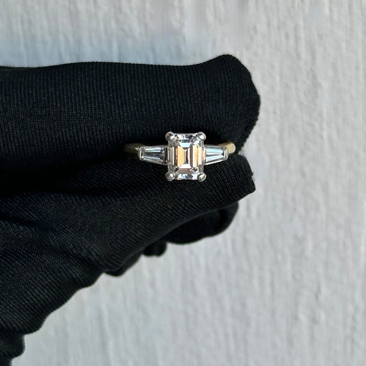 Classic Emerald Cut Diamond Engagement Ring with Tapered Baguettes in Platinum and 18k Yellow Gold 1.40ct H Color VS2 Clarity Center Diamond with .20ct Each Tapered Baguettes