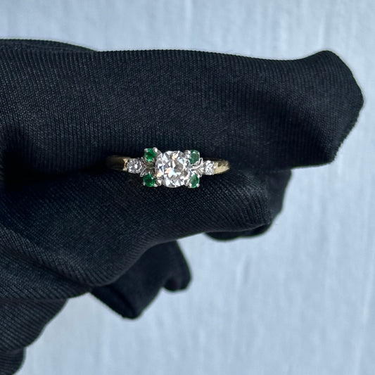 Antique 1910 Old Mine Cut Diamond Engagement Ring with Emeralds and Round Diamonds in 14kt Yellow Gold Original Circa 1910 Engagement Ring with Unique Design