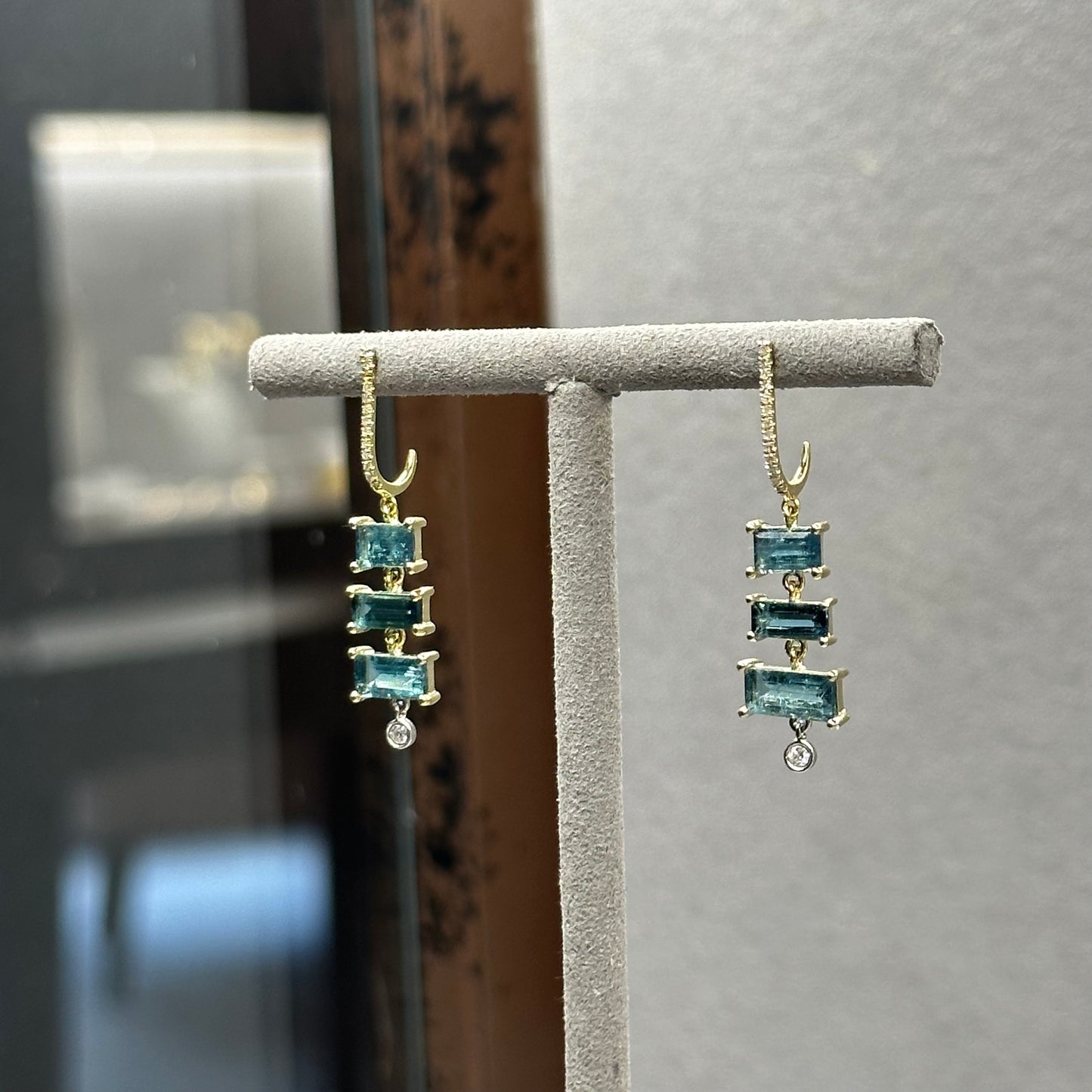 Baguette Blue Tourmaline and Diamond Dangle Drop Earrings