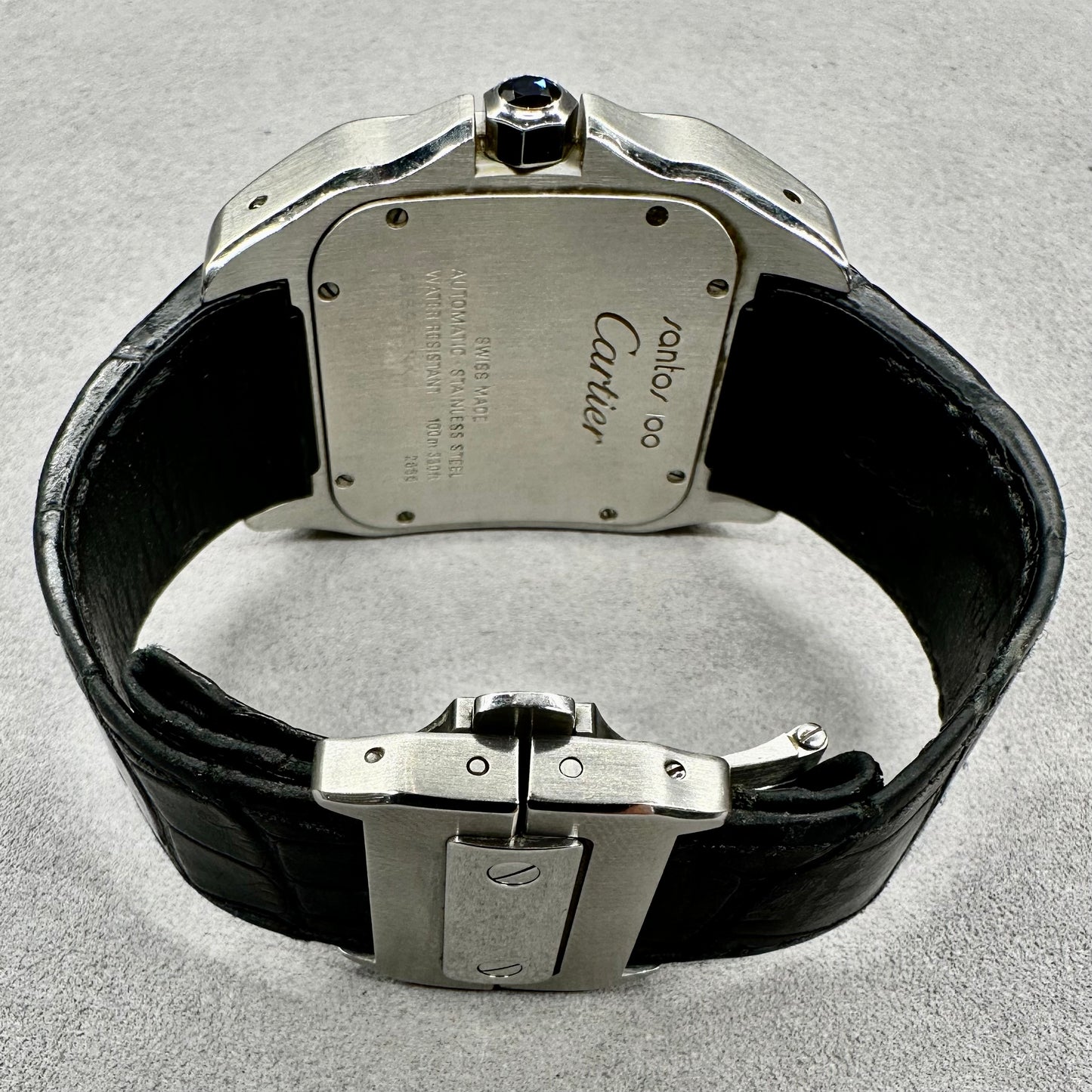 Cartier Santos 100 Silver Dial Black Strap Steel Mens Watch W20073X8