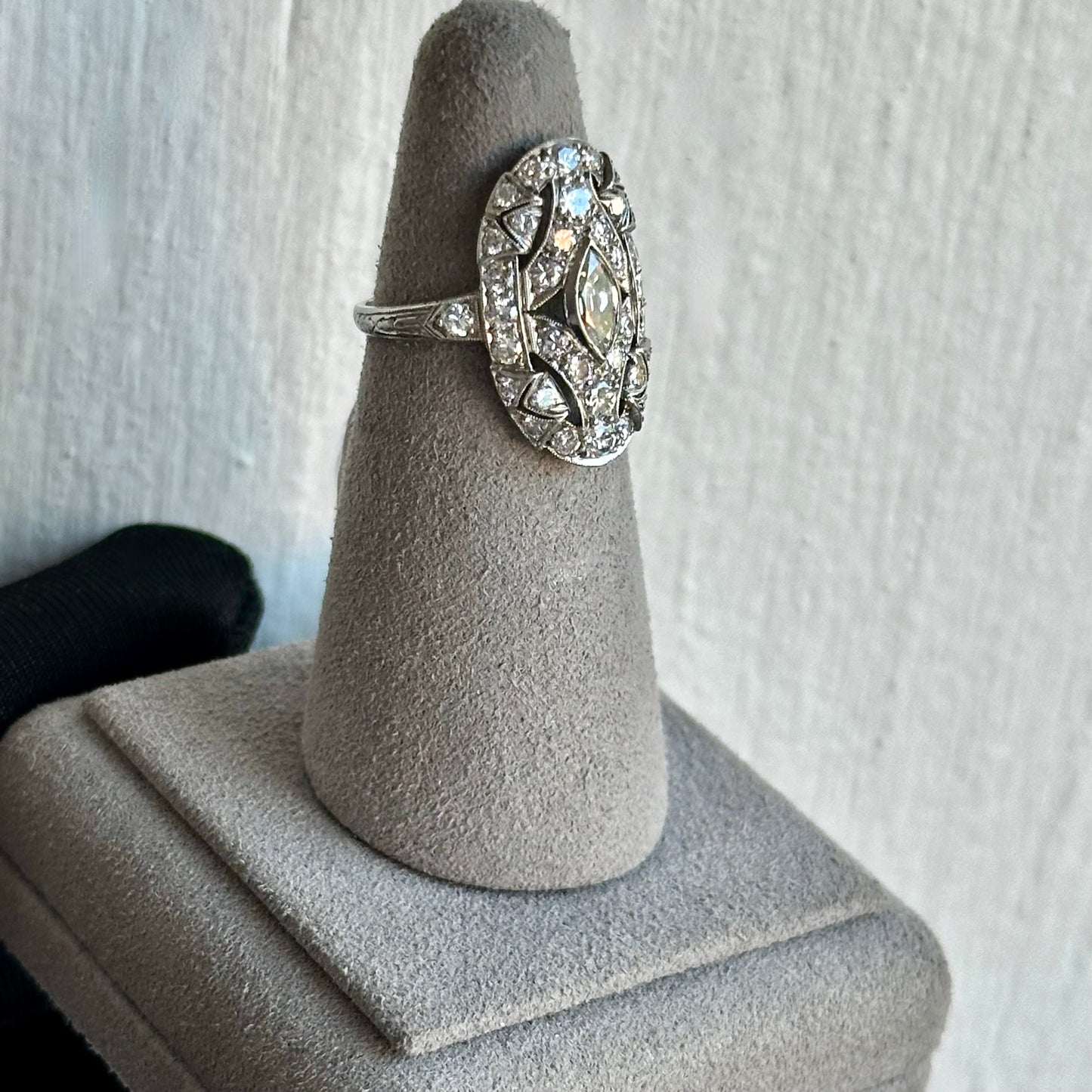 Stunning Art Deco Platinum Ring with Marquis Center Diamond – 0.76ct J SI1, Surrounded by Old Mine Cut Side Diamonds