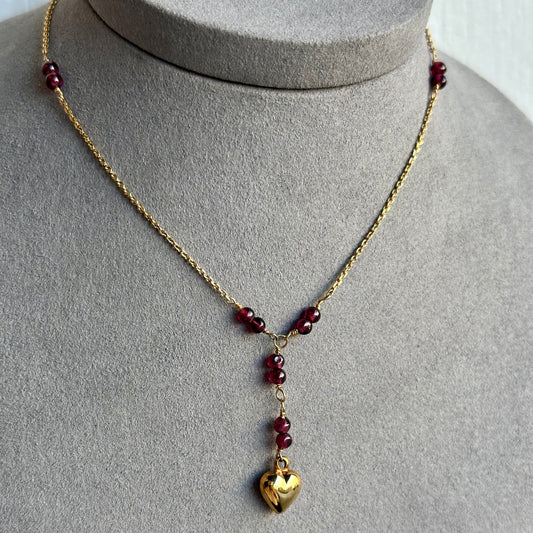 Vintage 14k Yellow Gold Garnet Lariat Necklace with Bubbly Heart Pendant – 18" Chain