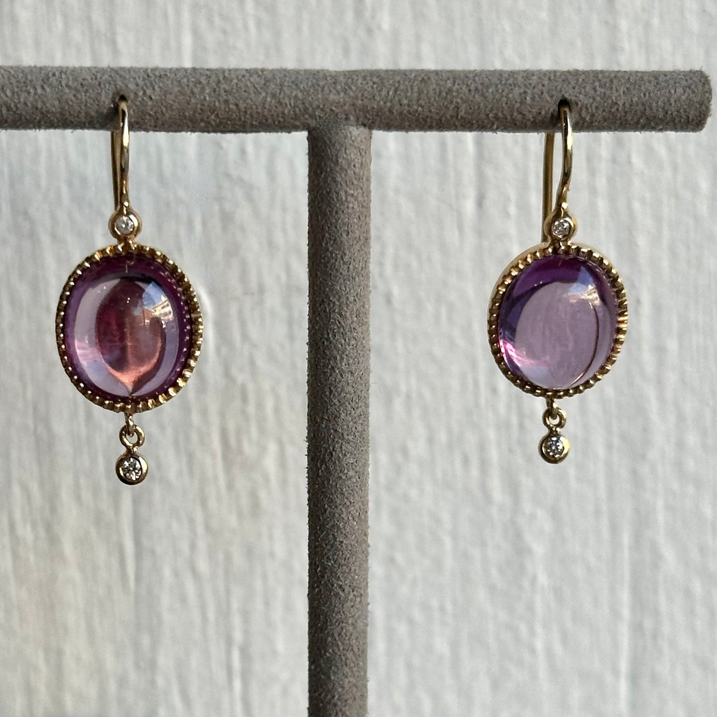 Handmade In-House 14K Yellow Gold Cabochon Pink Tourmaline & Diamond Drop Earrings with Milgrain Etching & Amethyst Accents