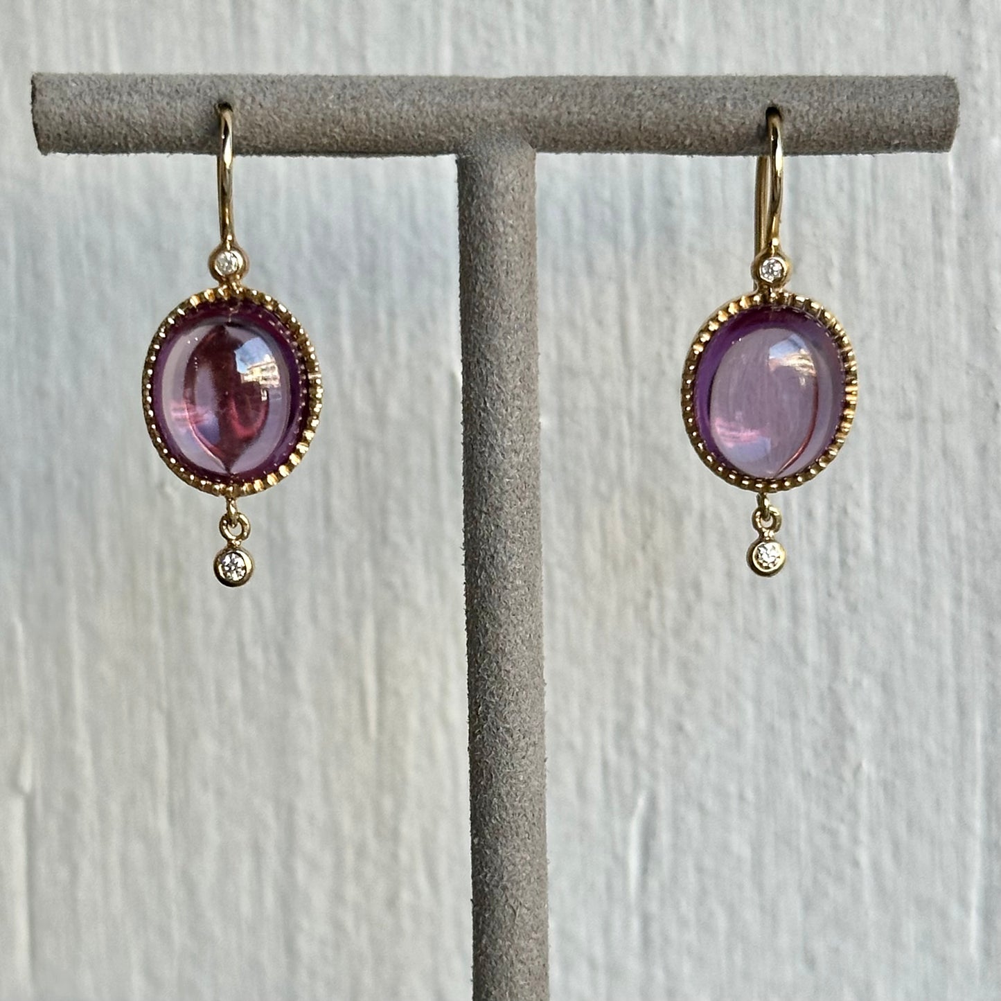 Handmade In-House 14K Yellow Gold Cabochon Pink Tourmaline & Diamond Drop Earrings with Milgrain Etching & Amethyst Accents