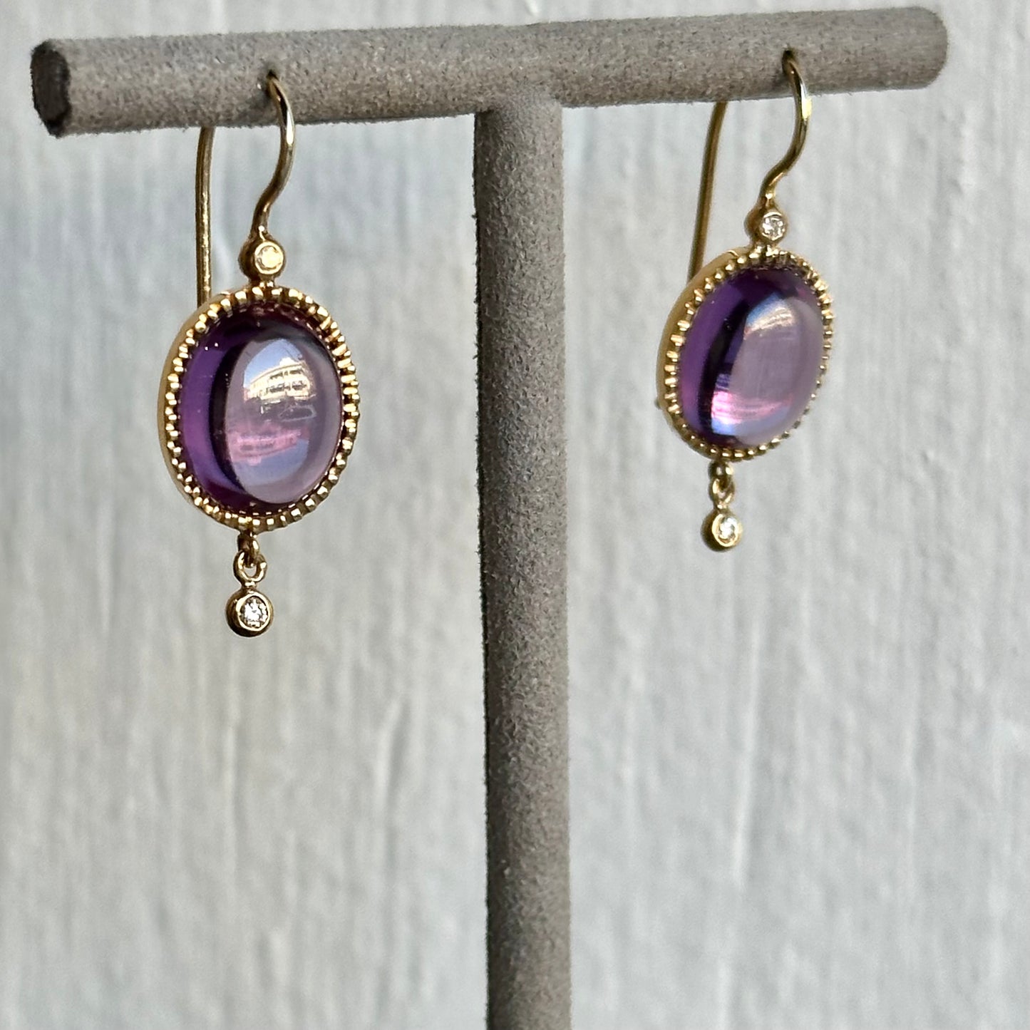 Handmade In-House 14K Yellow Gold Cabochon Pink Tourmaline & Diamond Drop Earrings with Milgrain Etching & Amethyst Accents