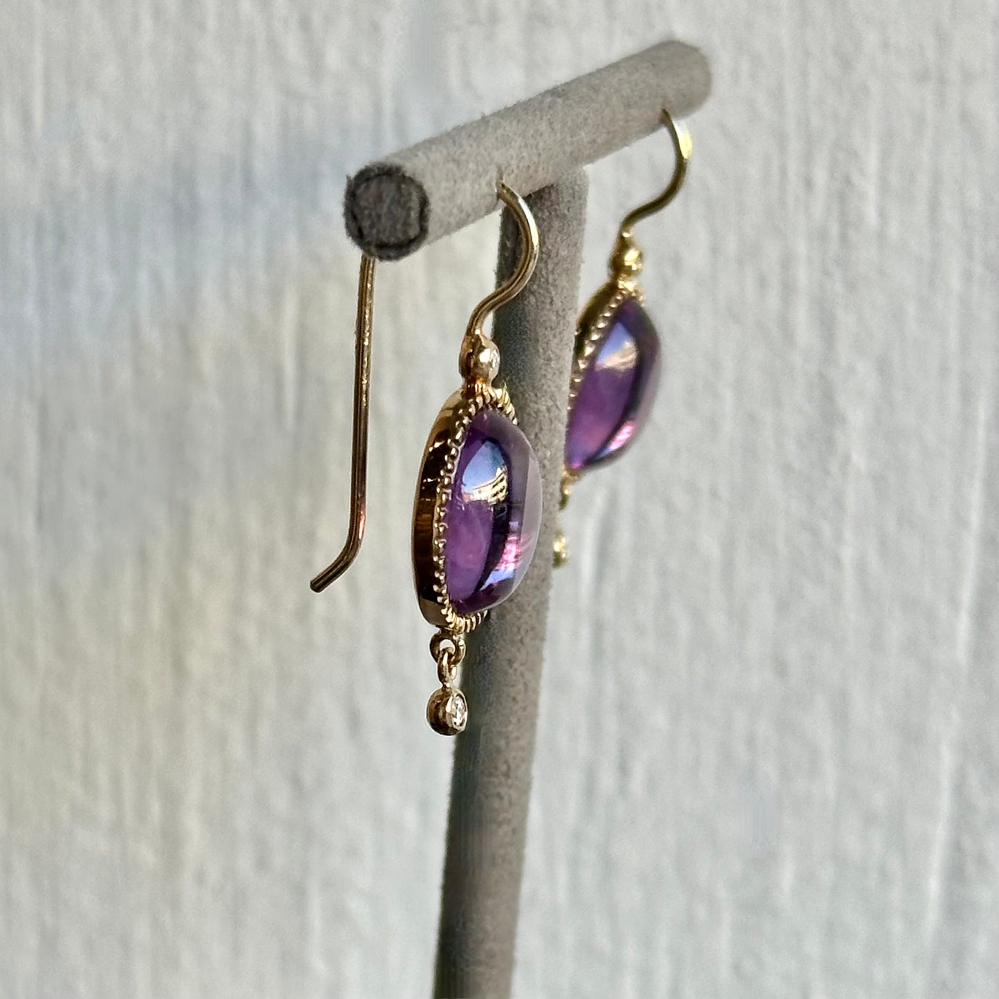 Handmade In-House 14K Yellow Gold Cabochon Pink Tourmaline & Diamond Drop Earrings with Milgrain Etching & Amethyst Accents