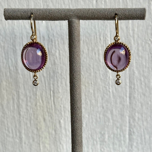 Handmade In-House 14K Yellow Gold Cabochon Pink Tourmaline & Diamond Drop Earrings with Milgrain Etching & Amethyst Accents