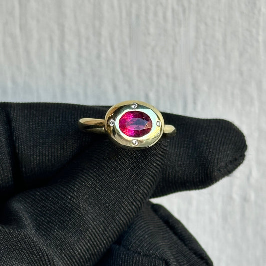 14K Yellow Gold Vintage Pink Tourmaline and Diamond Ring – Bezel Set with Burnish Set Diamonds