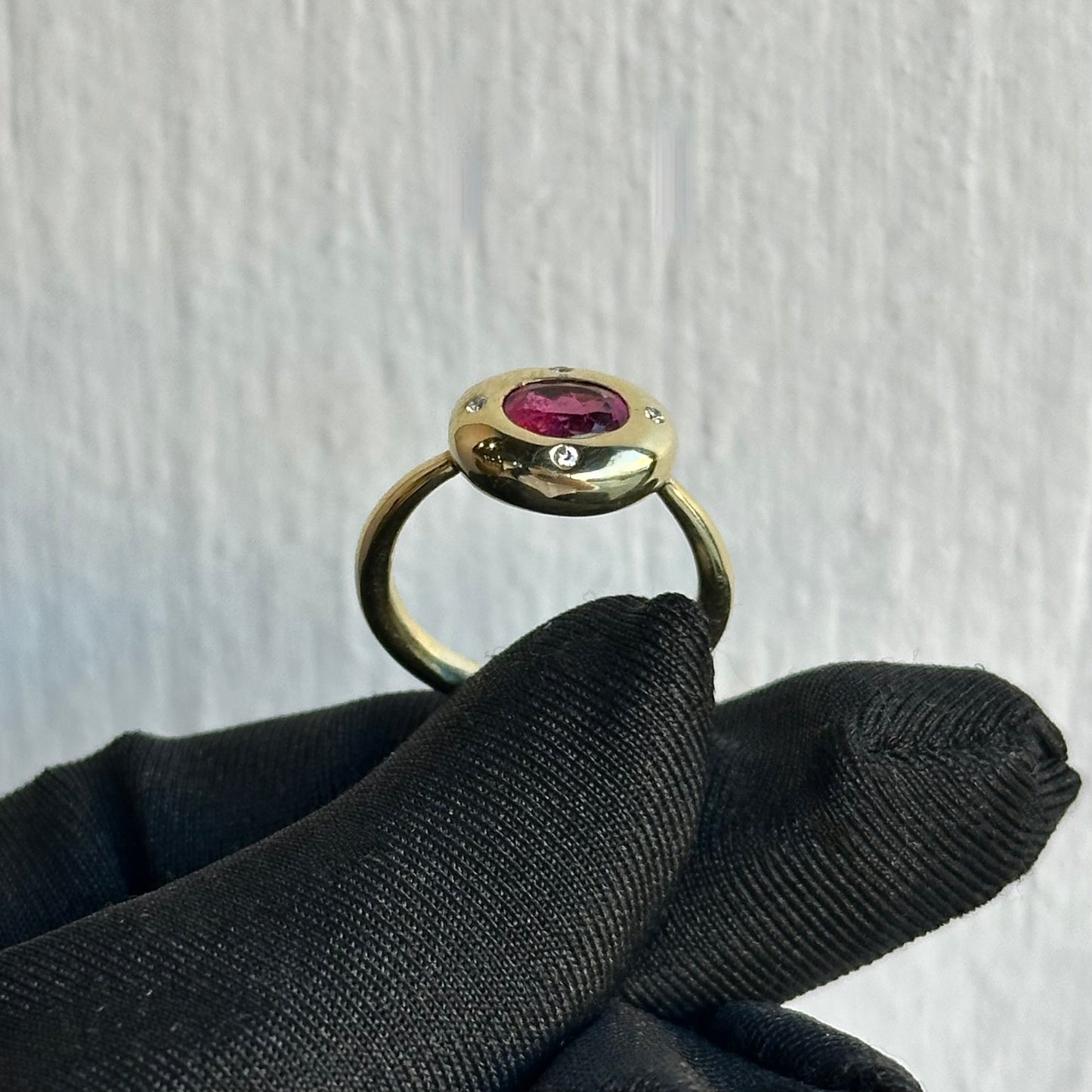 14K Yellow Gold Vintage Pink Tourmaline and Diamond Ring – Bezel Set with Burnish Set Diamonds