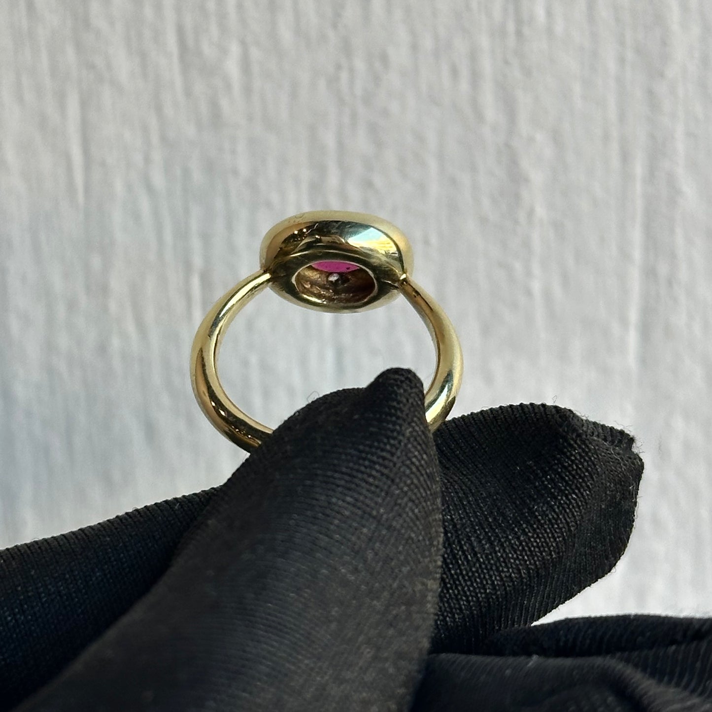 14K Yellow Gold Vintage Pink Tourmaline and Diamond Ring – Bezel Set with Burnish Set Diamonds