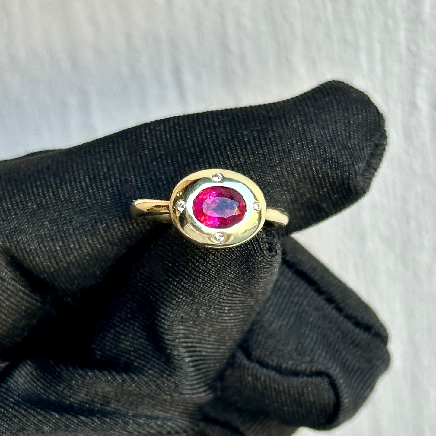 14K Yellow Gold Vintage Pink Tourmaline and Diamond Ring – Bezel Set with Burnish Set Diamonds