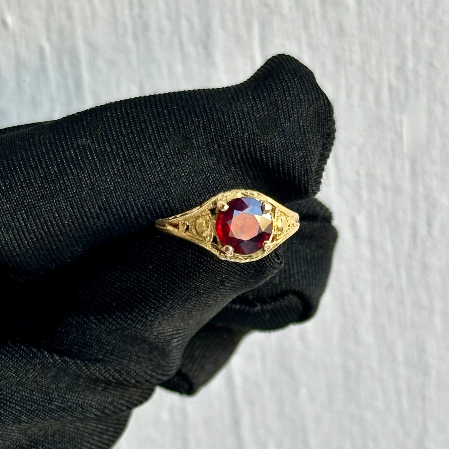 18kt Yellow Gold Handmade Filigree Mounting with Pigeon Blood Ruby – Art Deco Inspired, Custom Made at Facets Fine Jewelry