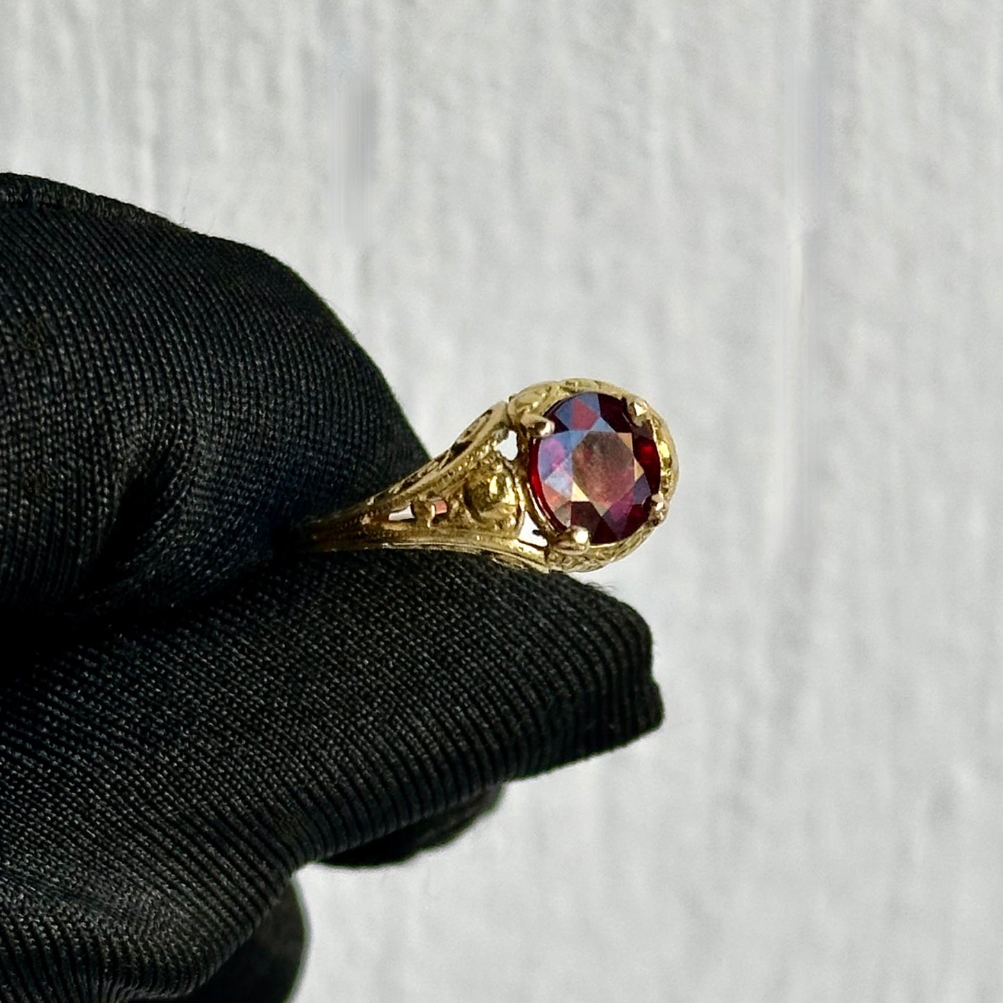 18kt Yellow Gold Handmade Filigree Mounting with Pigeon Blood Ruby – Art Deco Inspired, Custom Made at Facets Fine Jewelry