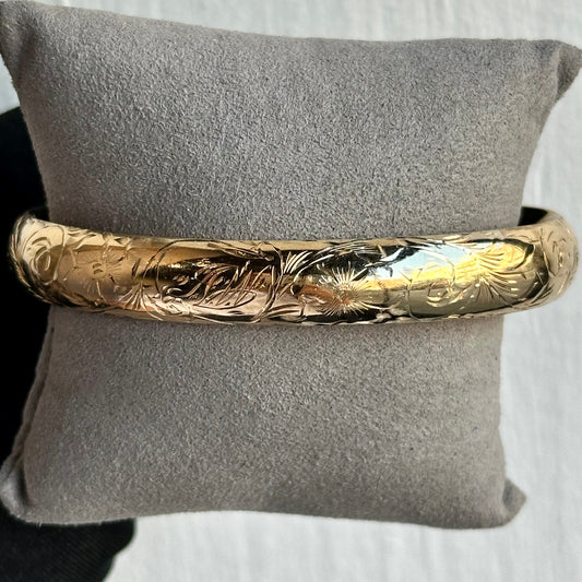 Vintage 14k Yellow Gold Bangle with Intricate Hand-Etched Design – Exquisite Craftsmanship