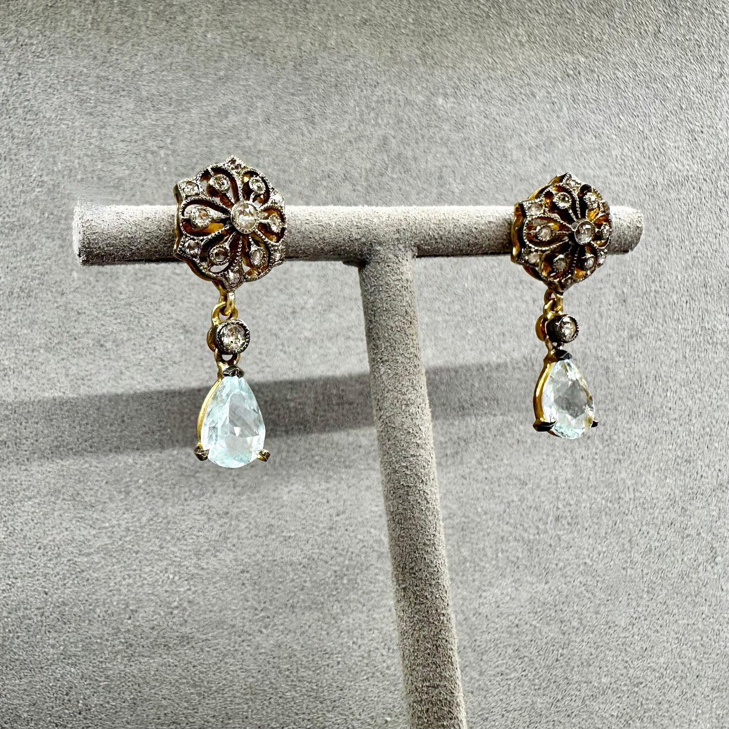Estate 1910's 14kt Rose Cut Diamond & Pear Cut Aquamarine Drop Earrings